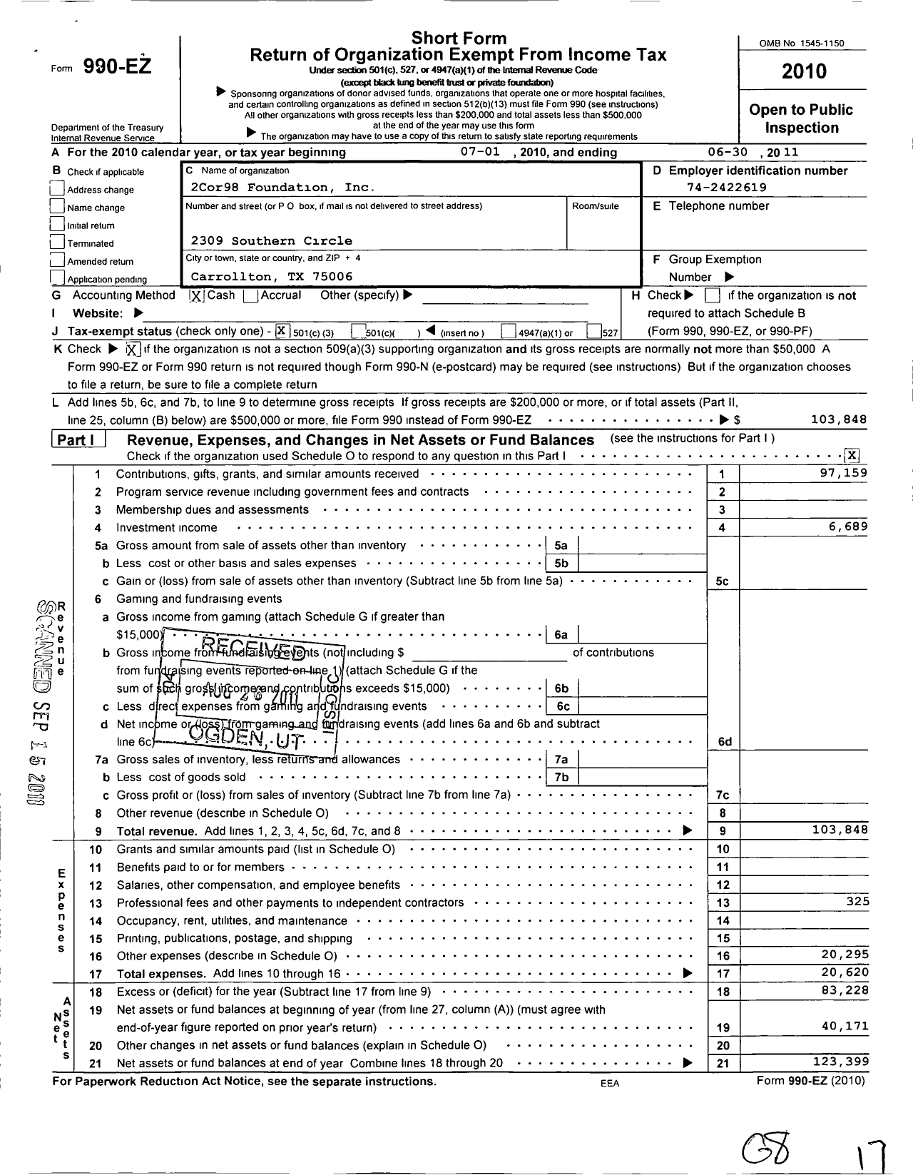 Image of first page of 2010 Form 990EZ for 2cor98 Foundation