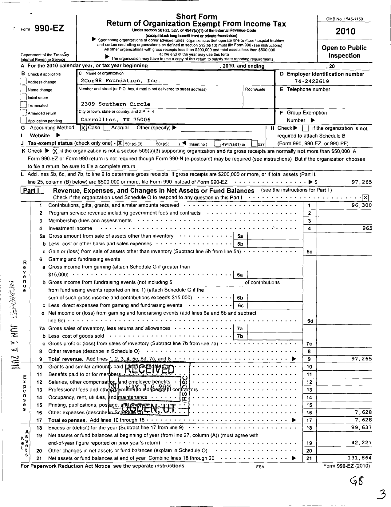 Image of first page of 2010 Form 990EZ for 2cor98 Foundation