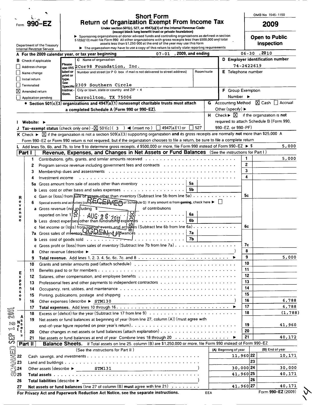 Image of first page of 2009 Form 990EZ for 2cor98 Foundation