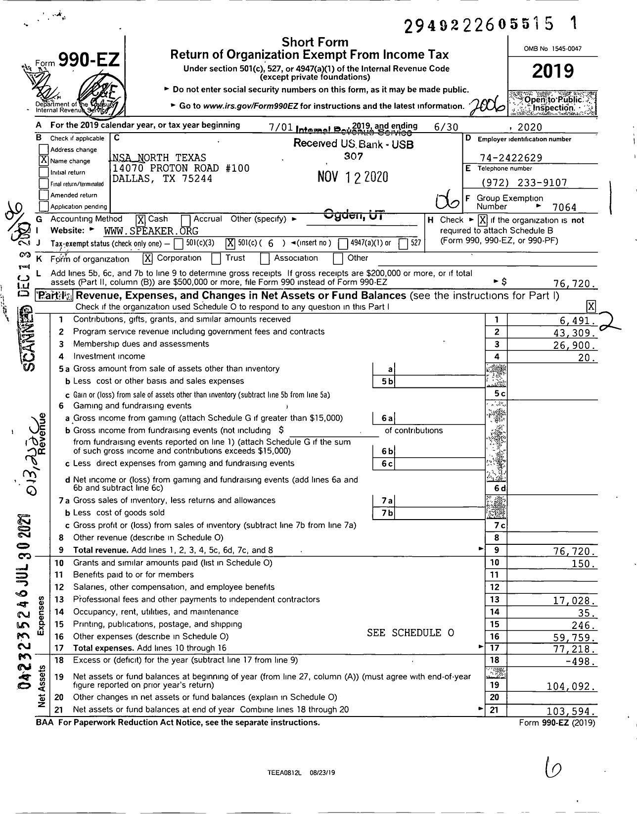 Image of first page of 2019 Form 990EO for Nsa North Texas