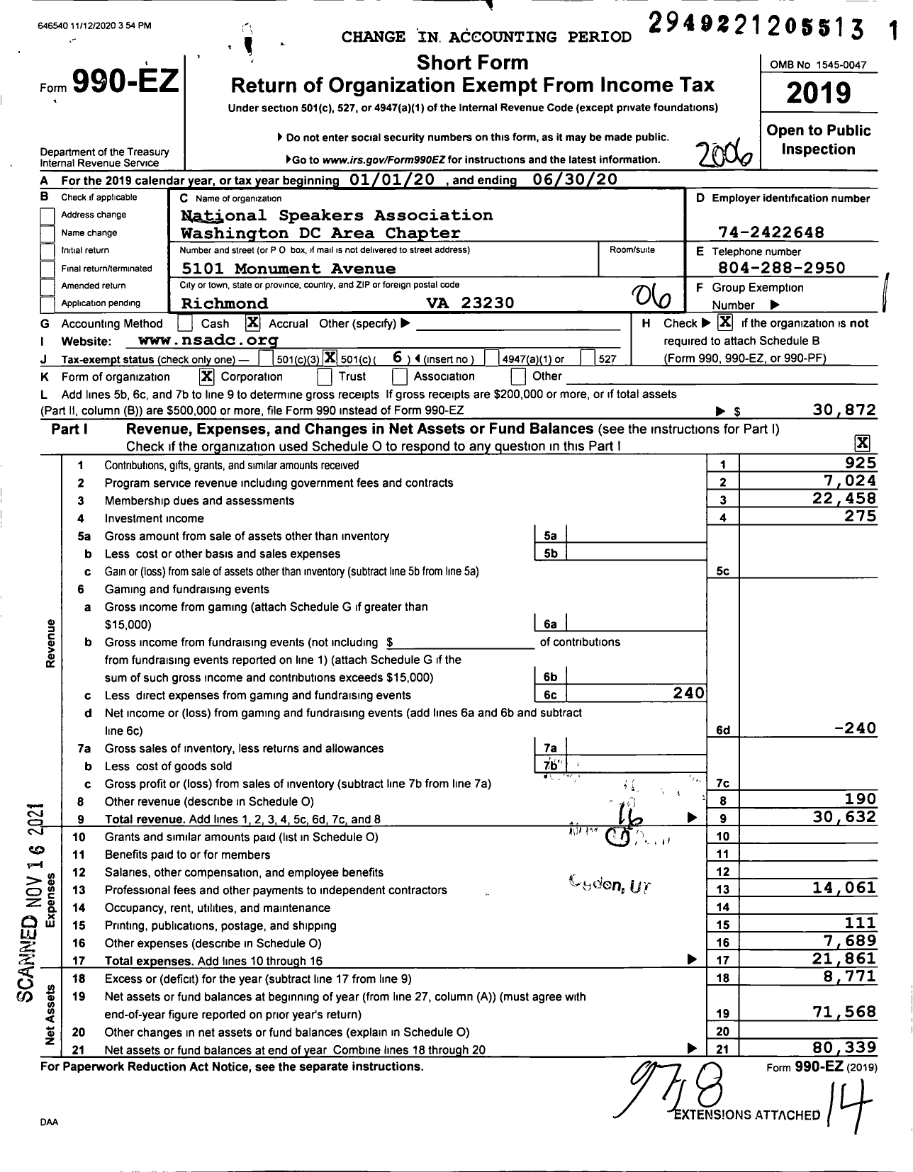 Image of first page of 2019 Form 990EO for National Speakers Association Washington DC Area Chapter