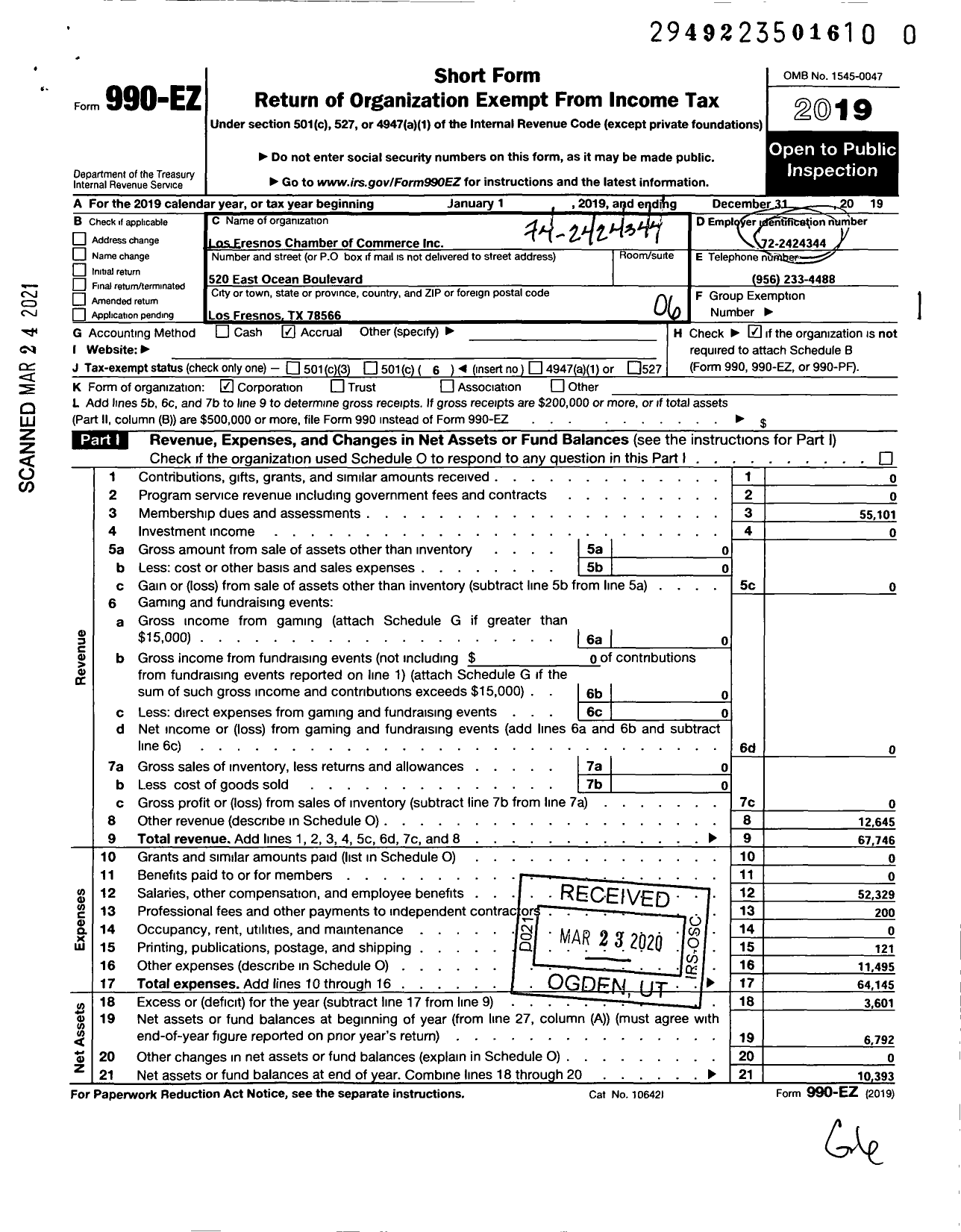 Image of first page of 2019 Form 990EO for Los Fresnos Chamber of Commerce