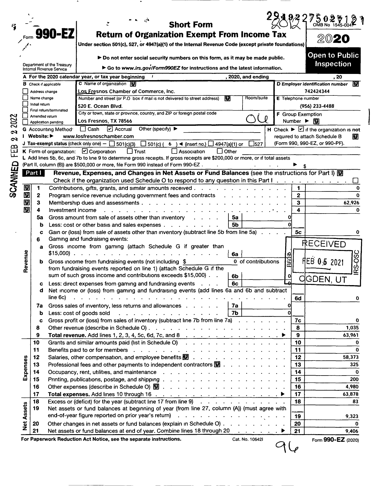 Image of first page of 2020 Form 990EO for Los Fresnos Chamber of Commerce