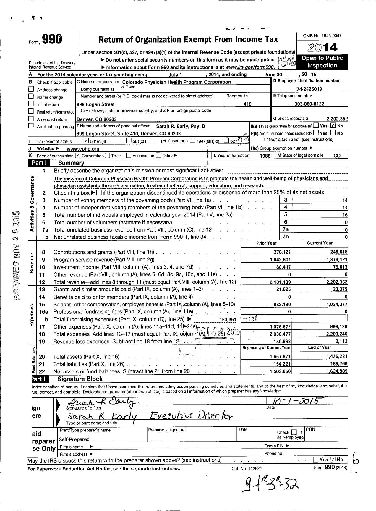 Image of first page of 2014 Form 990 for Colorado Physician Health Program Corporation