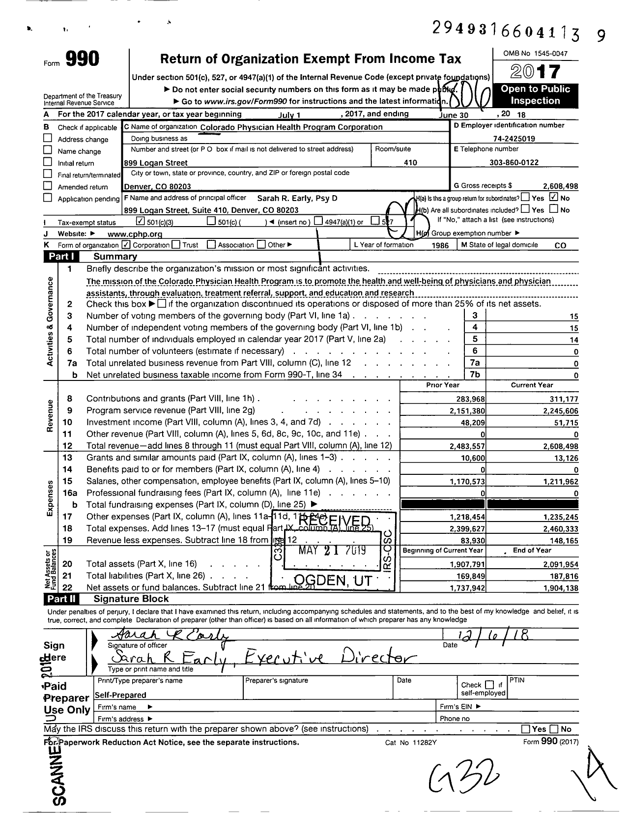 Image of first page of 2017 Form 990 for Colorado Physician Health Program Corporation