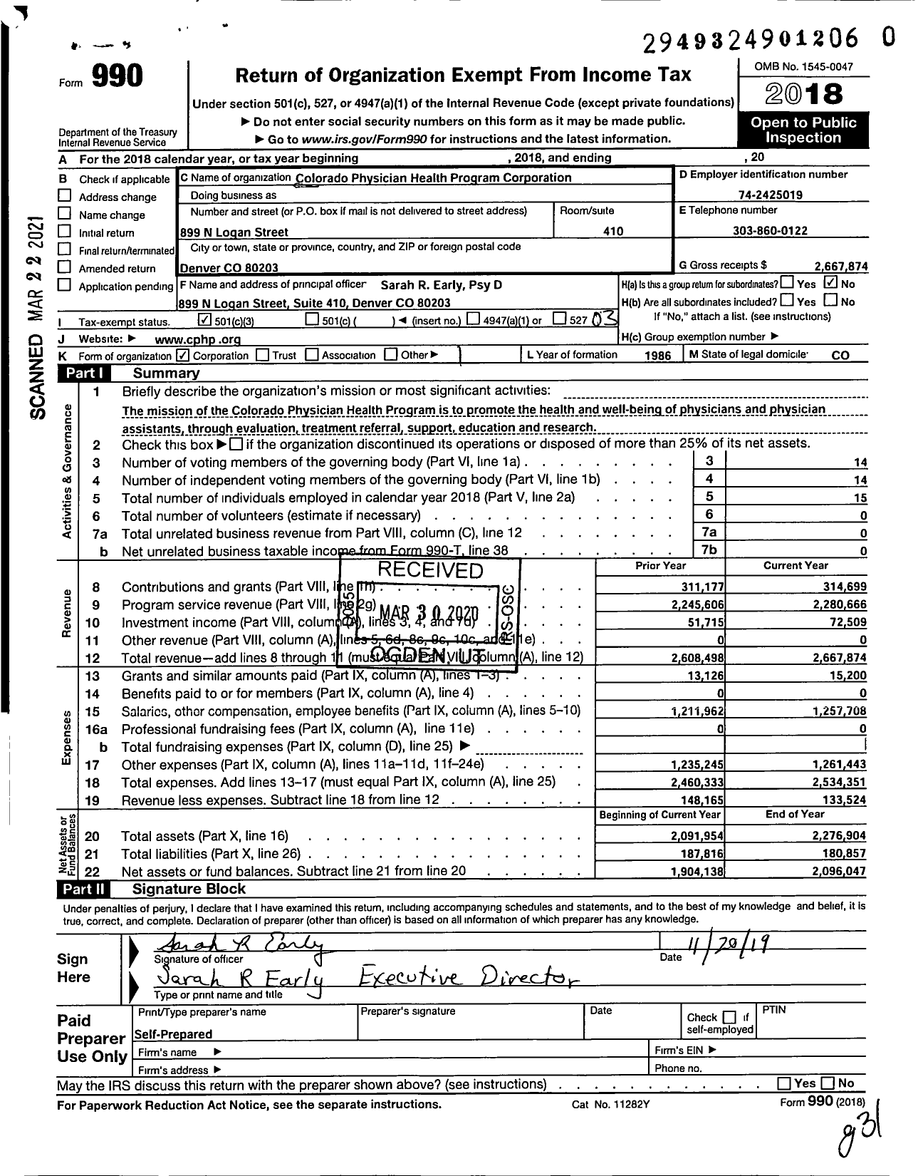 Image of first page of 2018 Form 990 for Colorado Physician Health Program Corporation