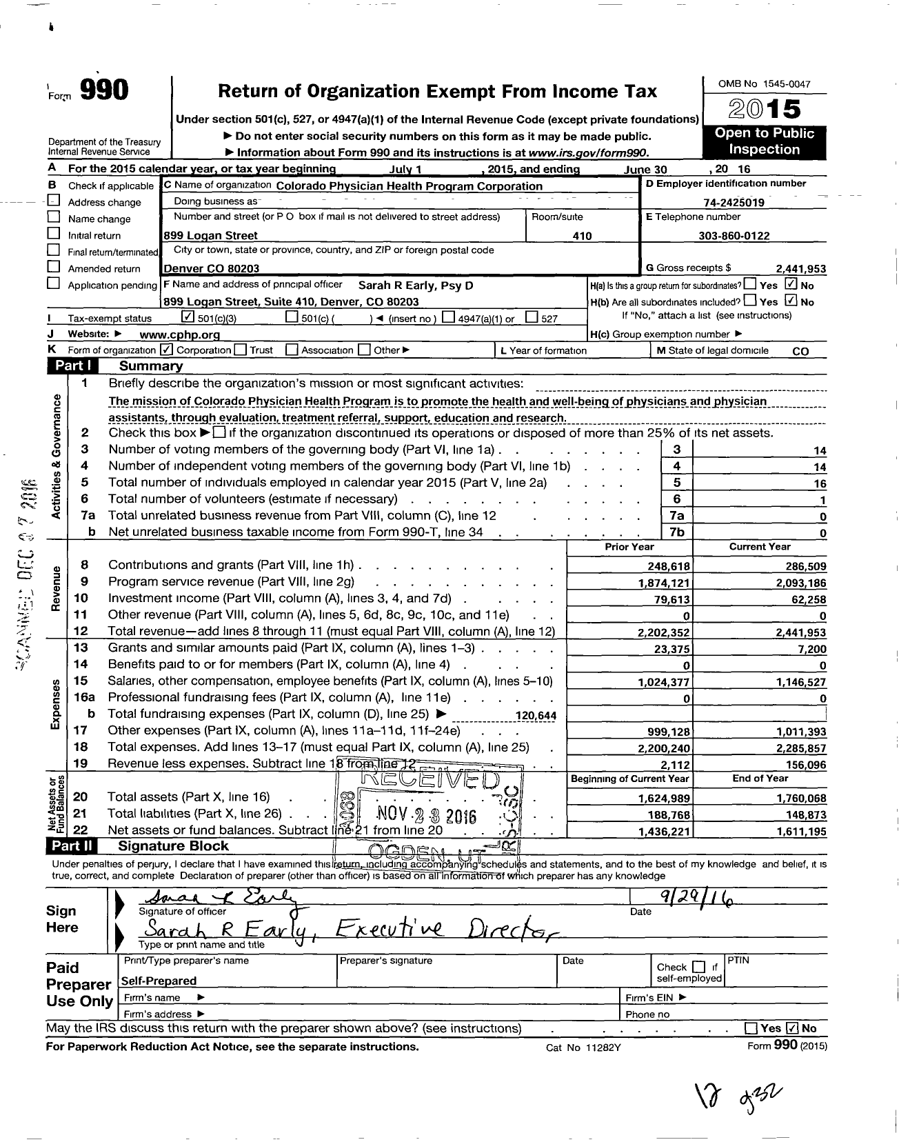 Image of first page of 2015 Form 990 for Colorado Physician Health Program Corporation