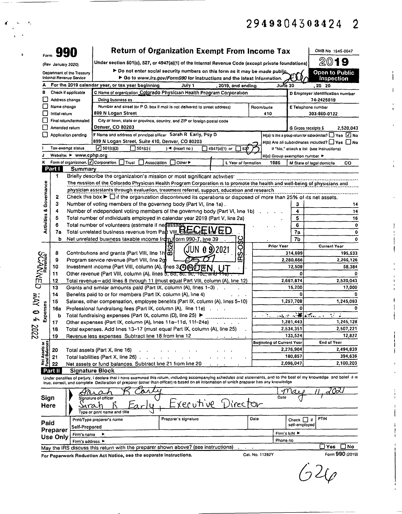 Image of first page of 2019 Form 990 for Colorado Physician Health Program Corporation