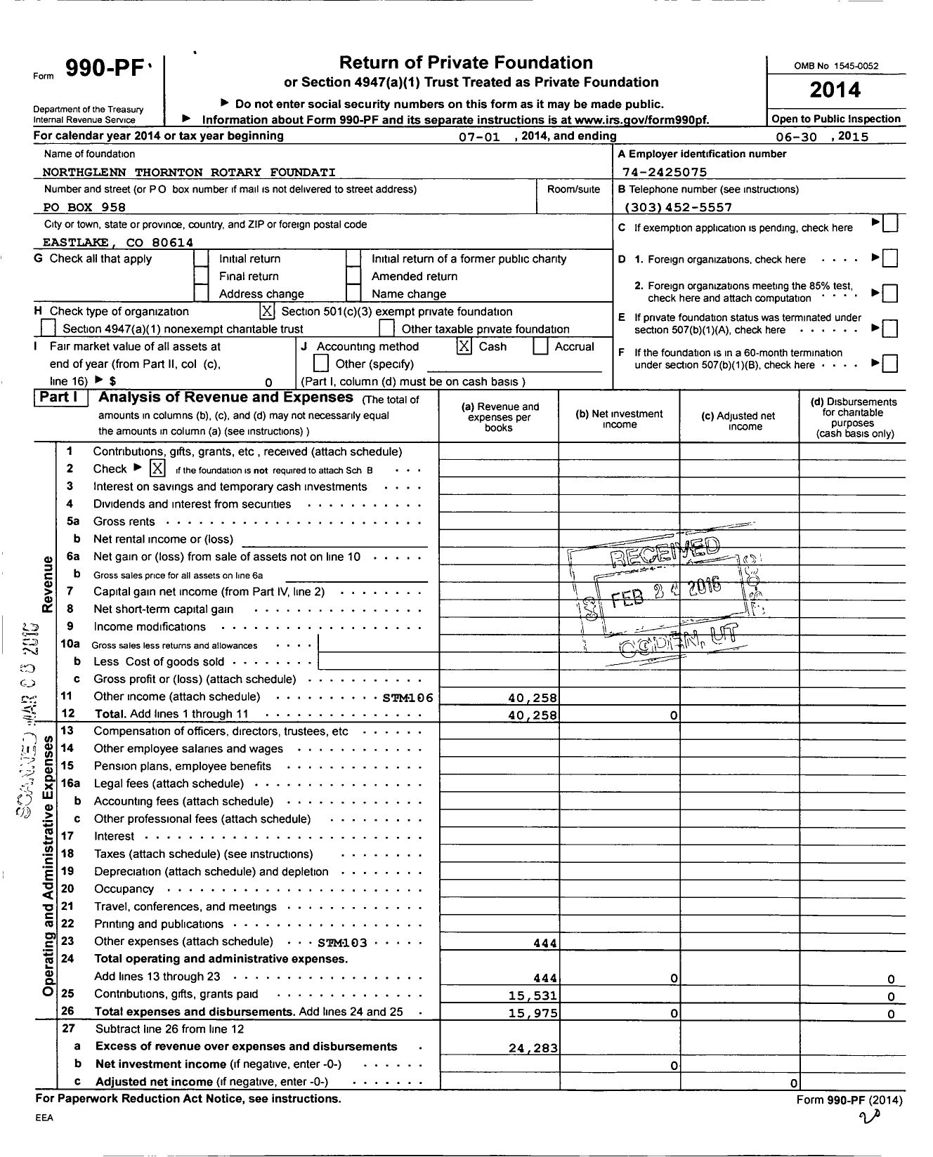 Image of first page of 2014 Form 990PF for Northglenn-Thornton Rotary Foundation