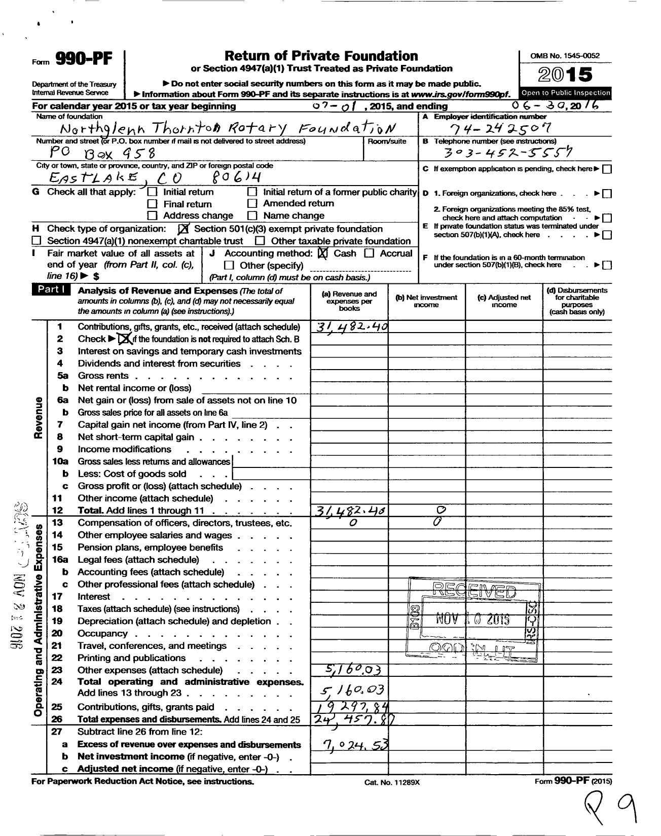 Image of first page of 2015 Form 990PF for Northglenn-Thornton Rotary Foundation