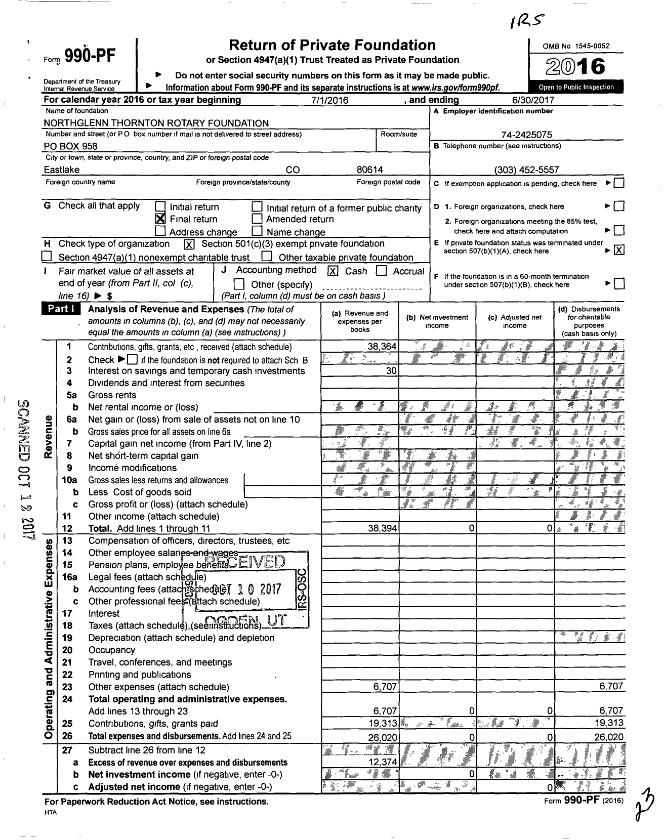 Image of first page of 2016 Form 990PF for Northglenn-Thornton Rotary Foundation