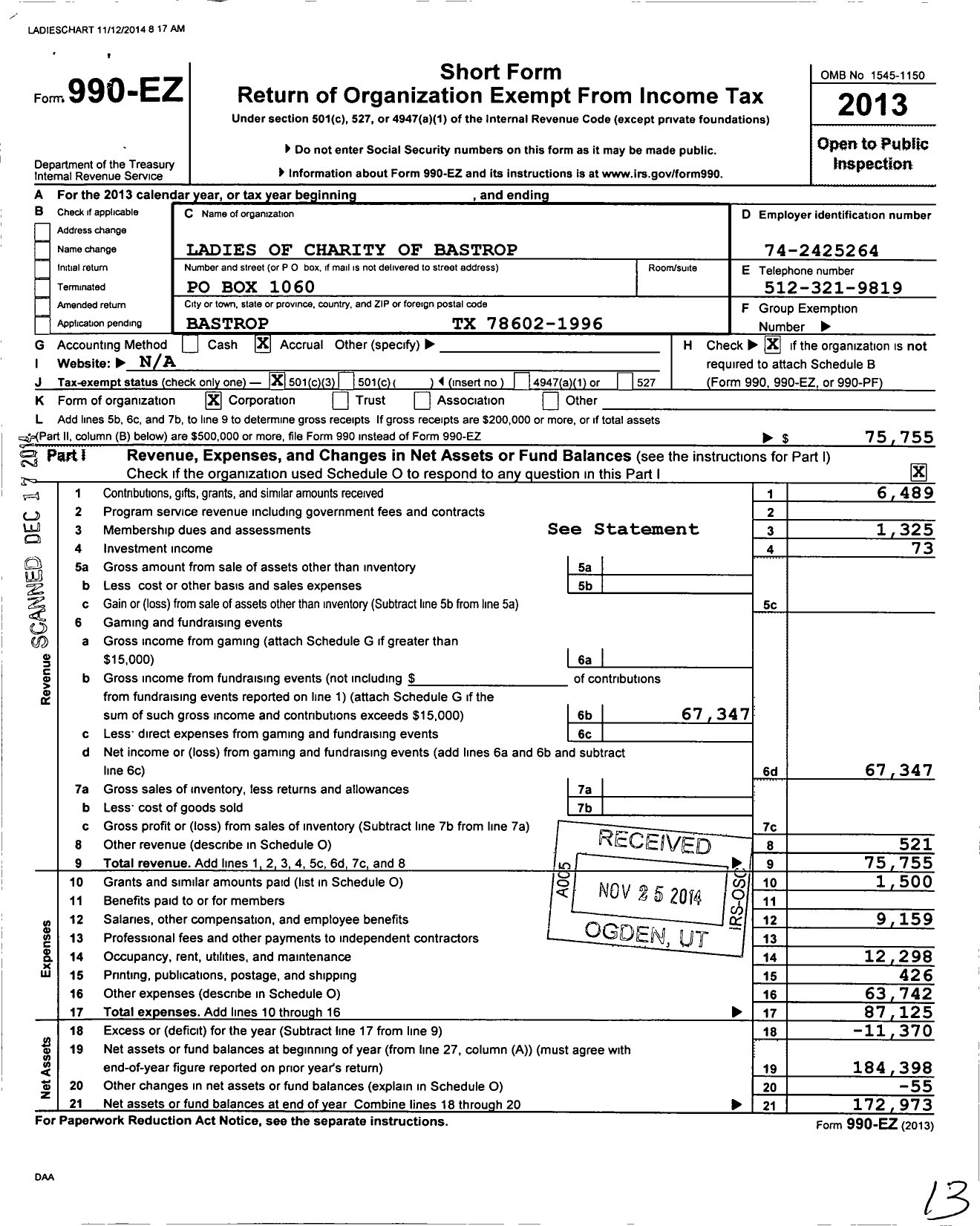 Image of first page of 2013 Form 990EZ for Ladies of Charity of Bastrop Texas