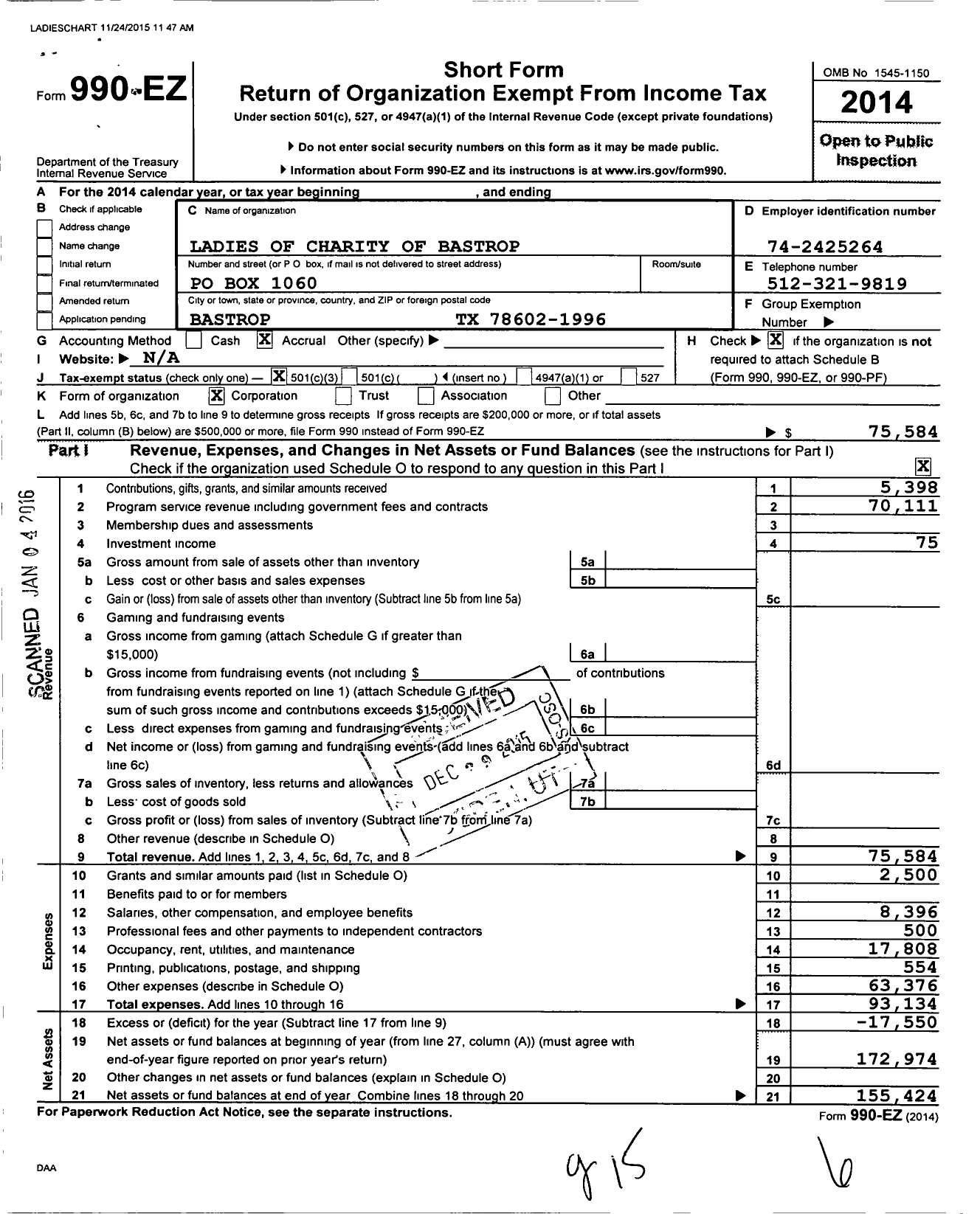 Image of first page of 2014 Form 990EZ for Ladies of Charity of Bastrop Texas