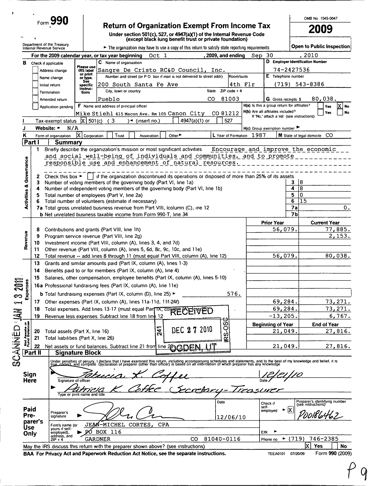 Image of first page of 2009 Form 990 for Sangre de Cristo RC and D Council