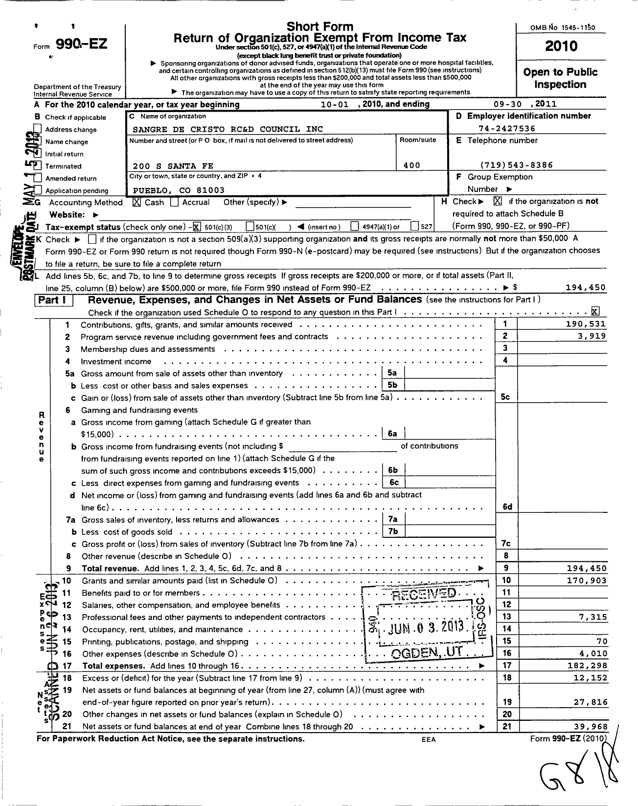 Image of first page of 2010 Form 990EZ for Sangre de Cristo RC and D Council