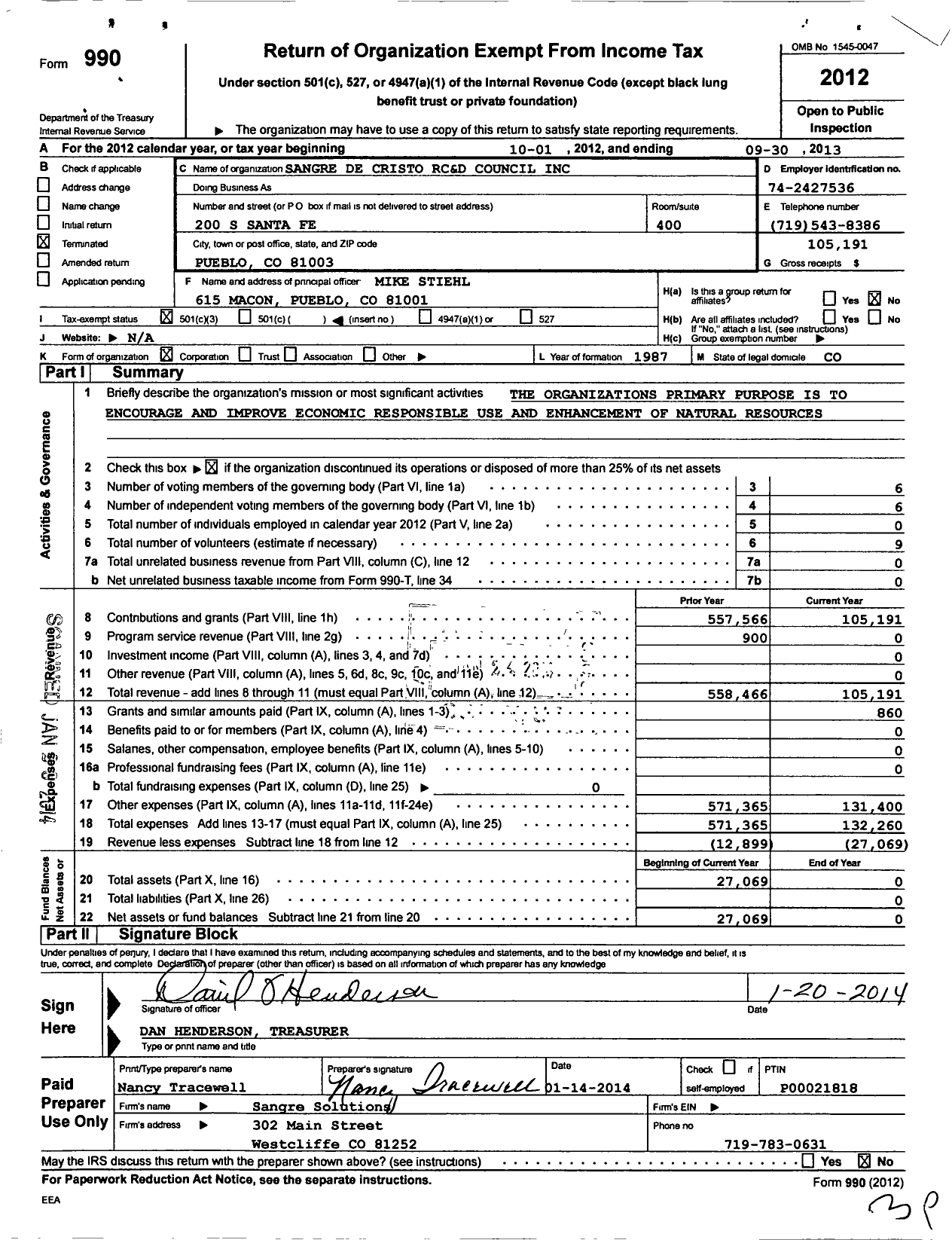 Image of first page of 2012 Form 990 for Sangre de Cristo RC and D Council