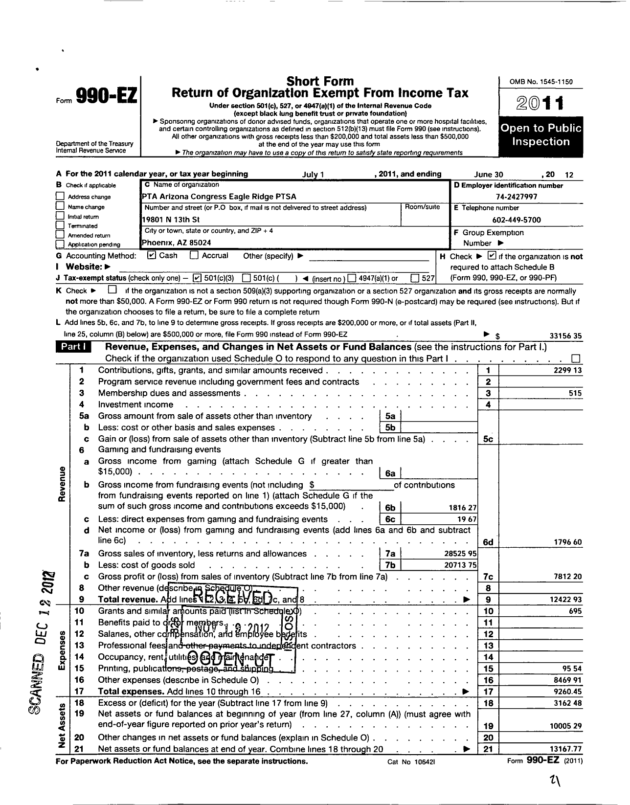 Image of first page of 2011 Form 990EZ for PTA Arizona Congress of Parents and Teachers / Eagle Ridge Ptsa