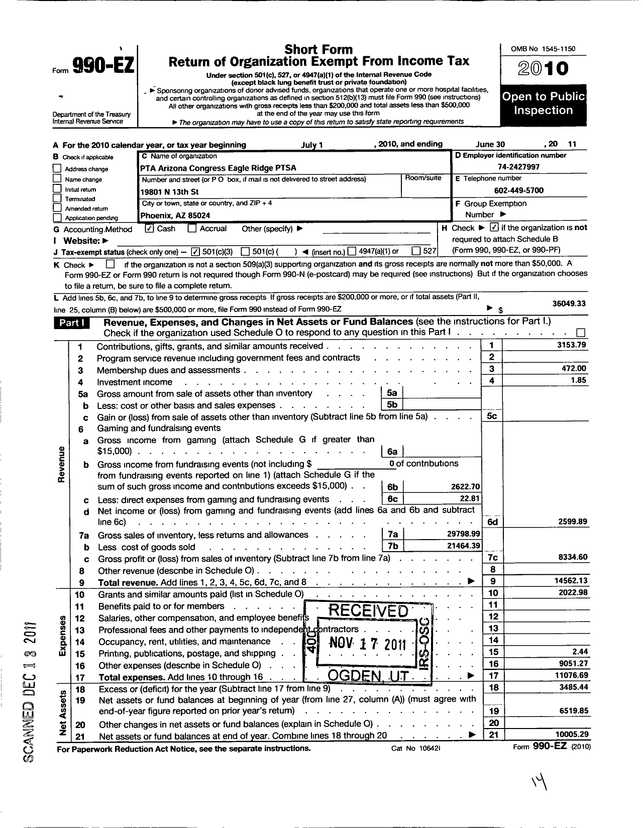 Image of first page of 2010 Form 990EZ for PTA Arizona Congress of Parents and Teachers / Eagle Ridge Ptsa