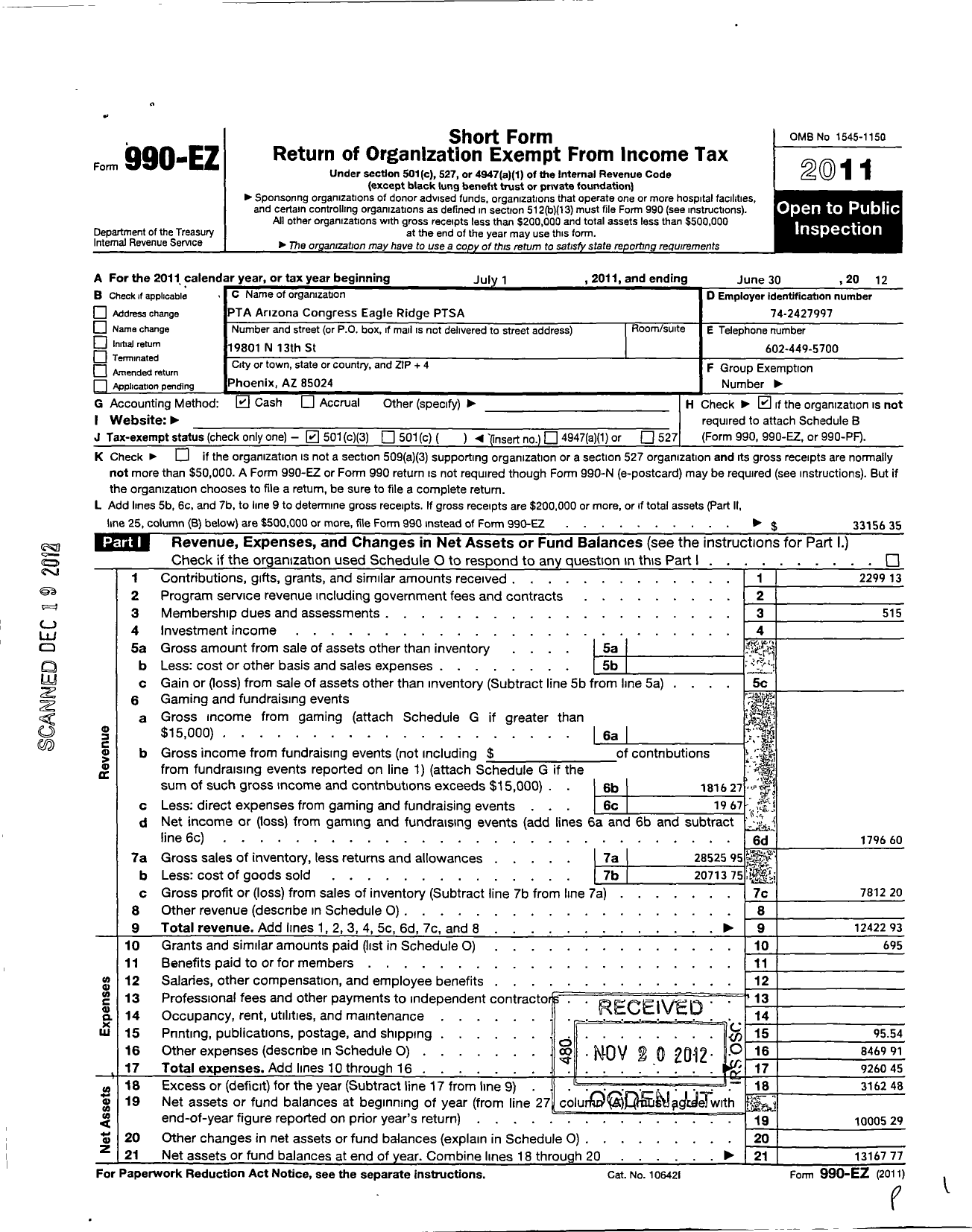 Image of first page of 2011 Form 990EZ for PTA Arizona Congress of Parents and Teachers / Eagle Ridge Ptsa