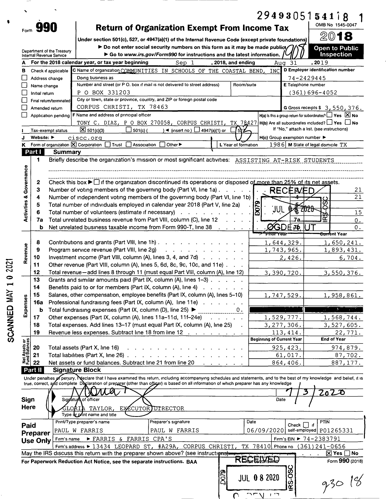 Image of first page of 2018 Form 990 for Communities in Schools of the Coastal Bend