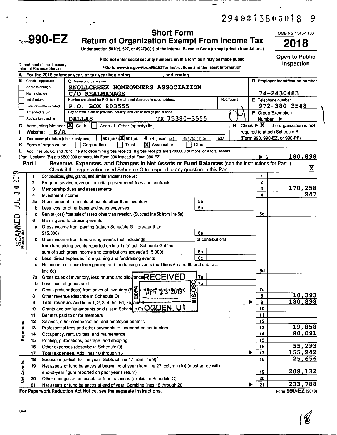 Image of first page of 2018 Form 990EO for Knollcreek Homeowners Association