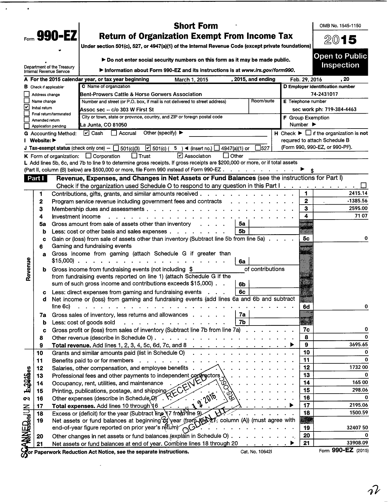 Image of first page of 2015 Form 990EO for Bent-Prowers Cattle and Horse Growers Association