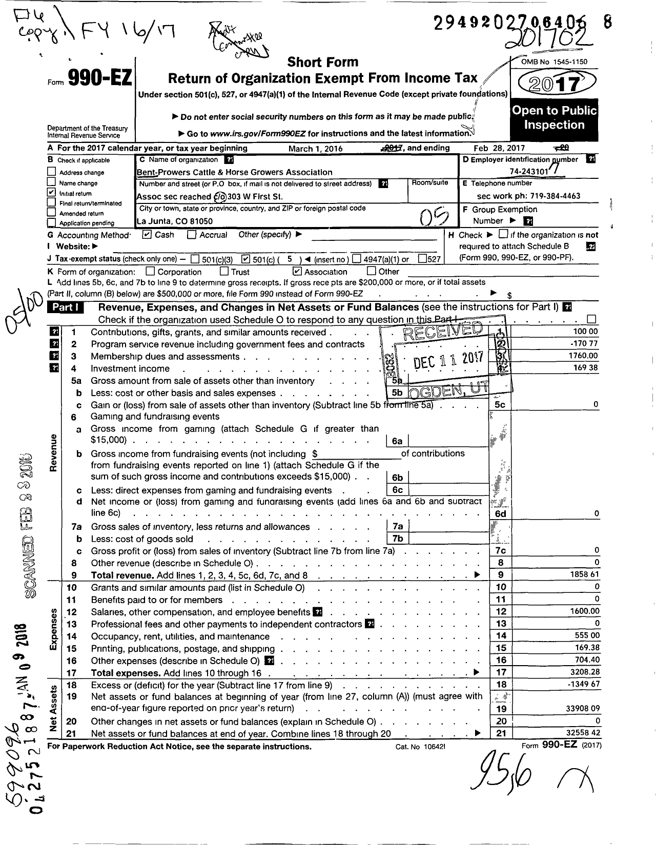 Image of first page of 2016 Form 990EO for Bent-Prowers Cattle and Horse Growers Association