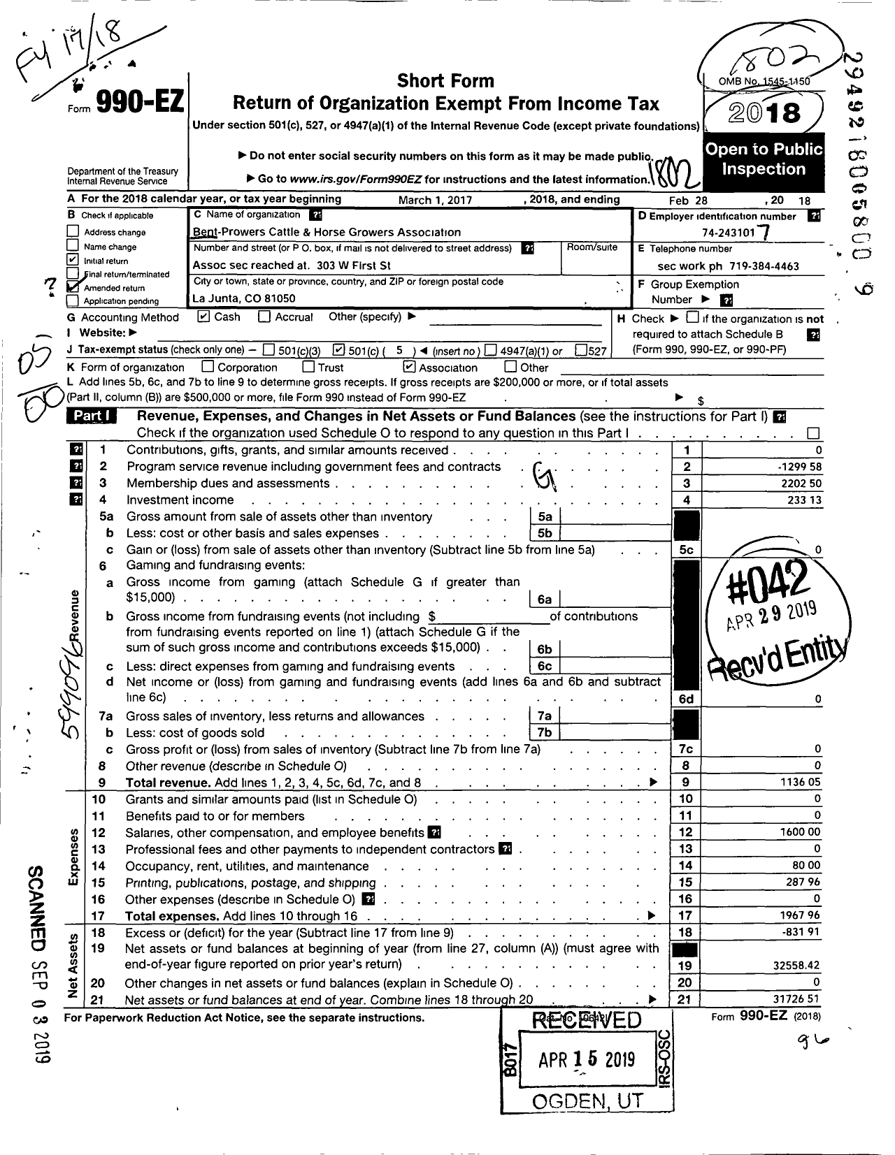 Image of first page of 2017 Form 990EO for Bent-Prowers Cattle and Horse Growers Association