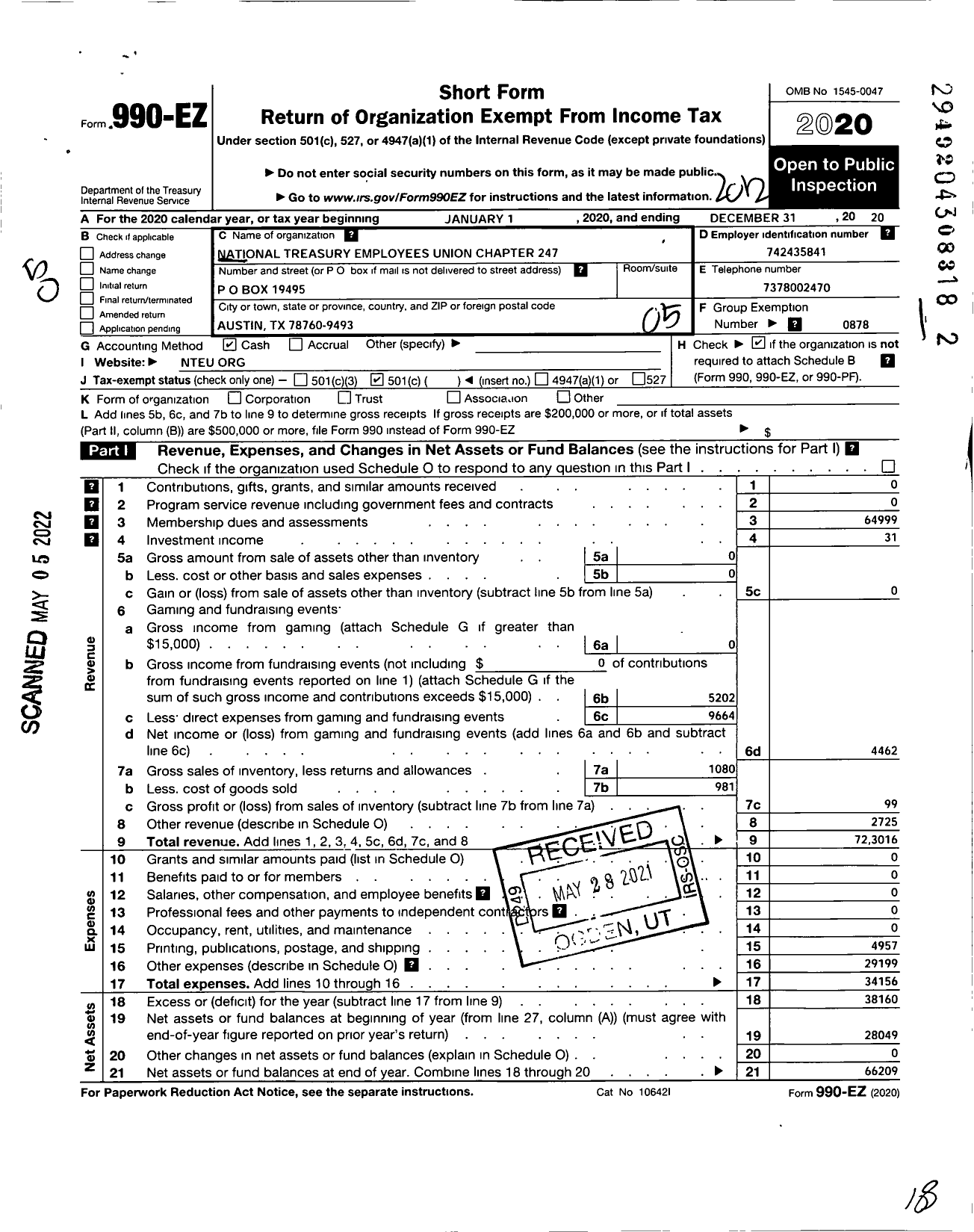 Image of first page of 2020 Form 990EO for National Treasury Employees Union - 247 Nteu Chapter