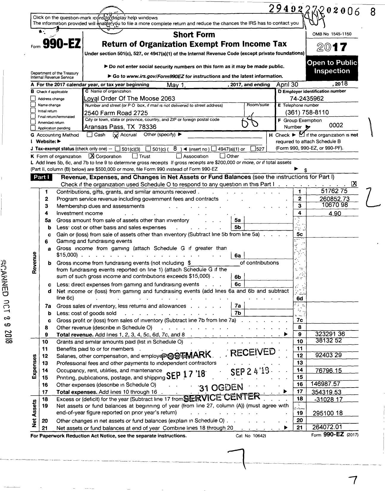 Image of first page of 2017 Form 990EO for Loyal Order of Moose - 2063