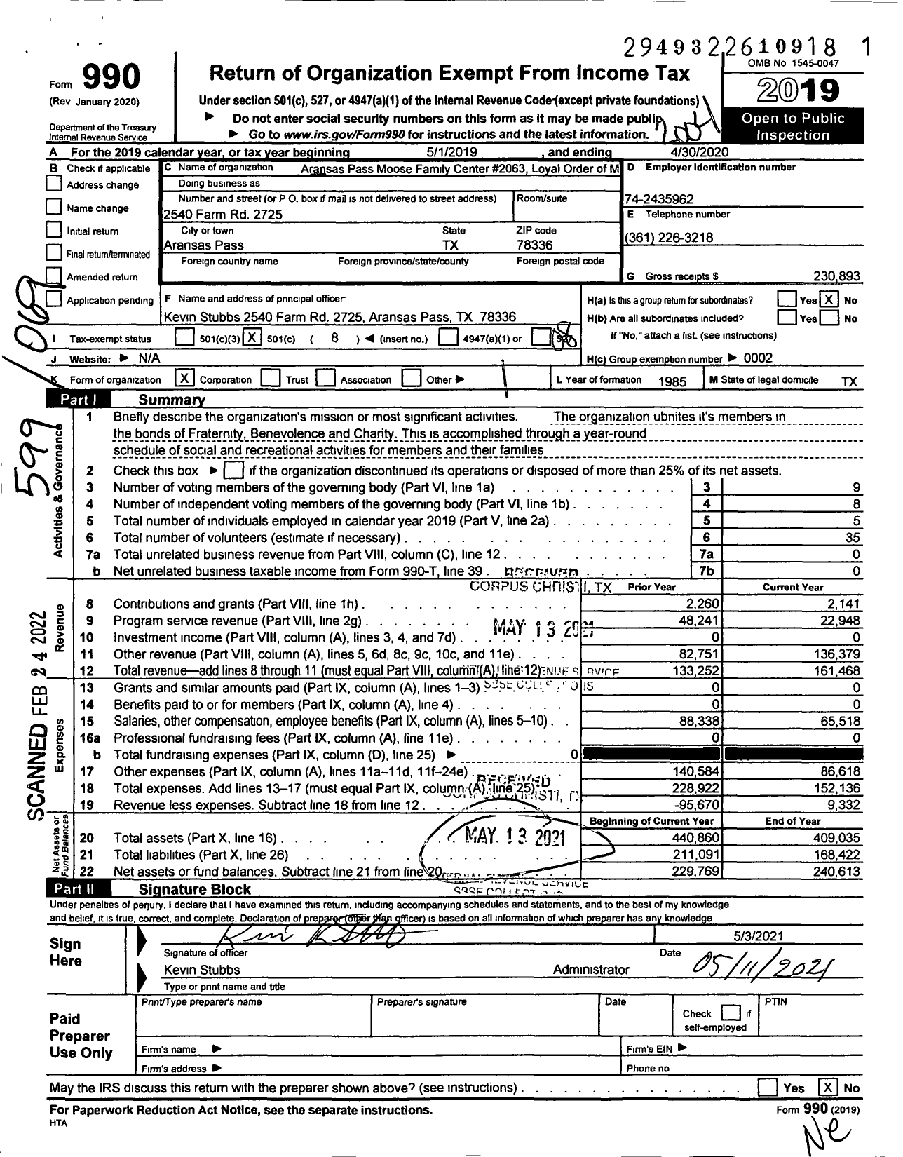 Image of first page of 2019 Form 990O for Loyal Order of Moose - 2063