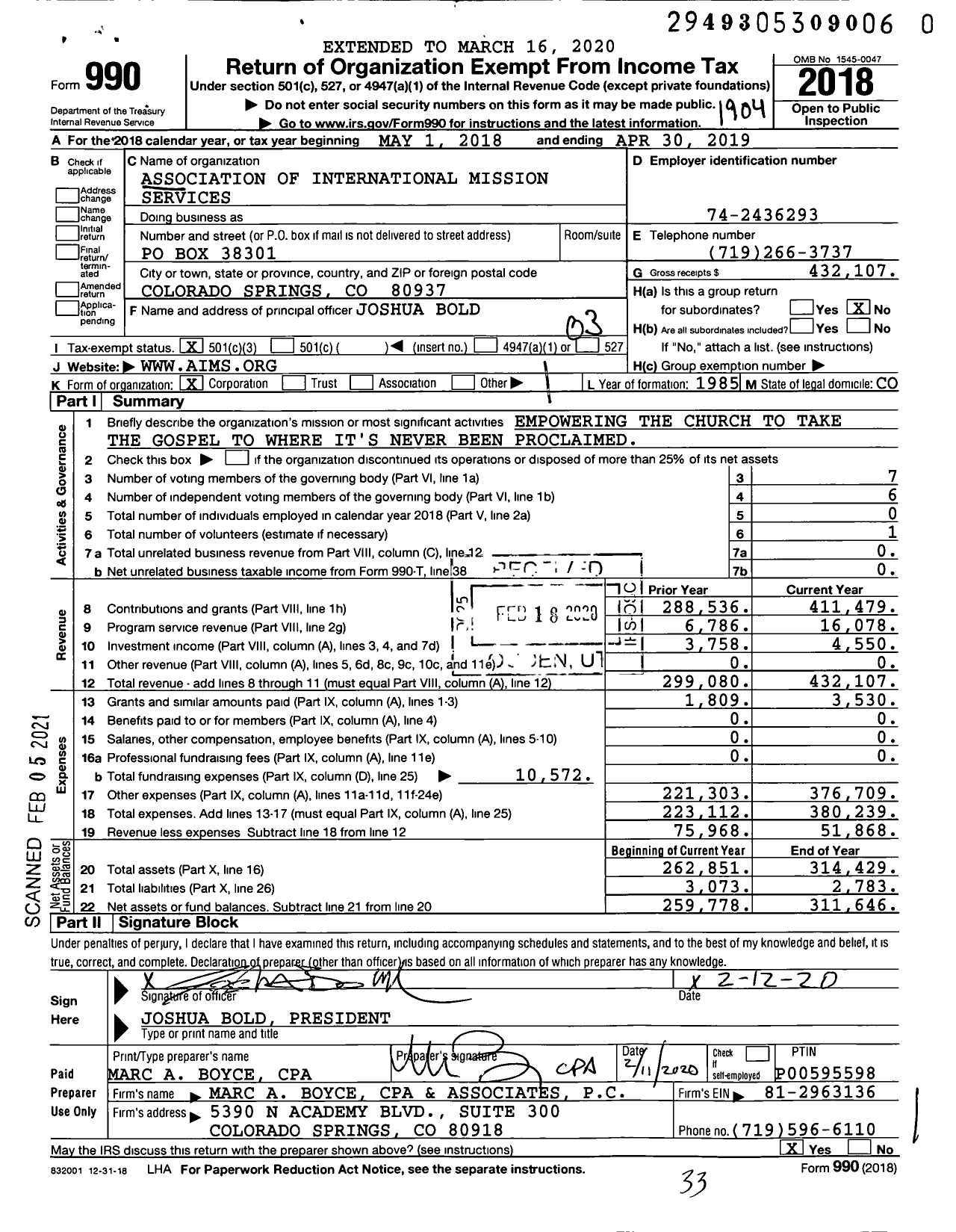 Image of first page of 2018 Form 990 for Association Of International Mission Services (AIMS)