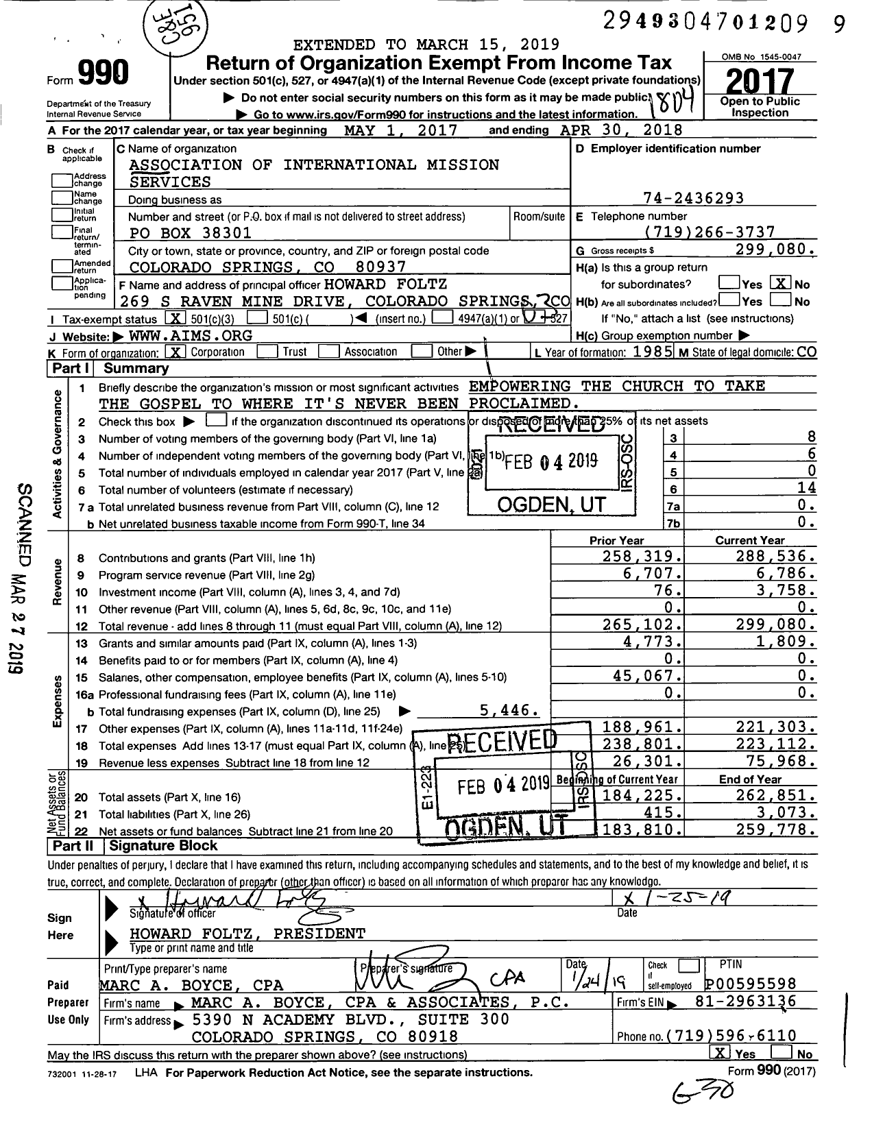 Image of first page of 2017 Form 990 for Association Of International Mission Services (AIMS)