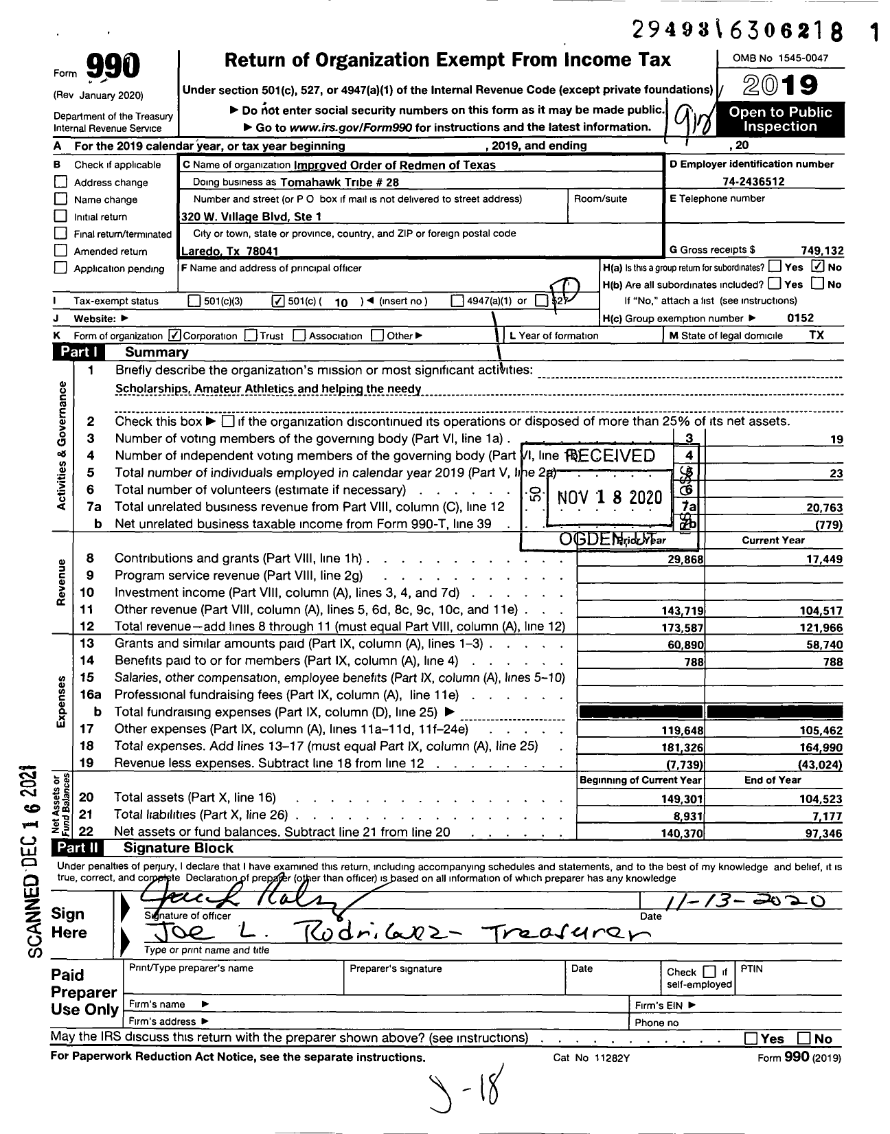 Image of first page of 2019 Form 990O for Improved Order of Red Men of Texas - 28 Tomahawk Tribe