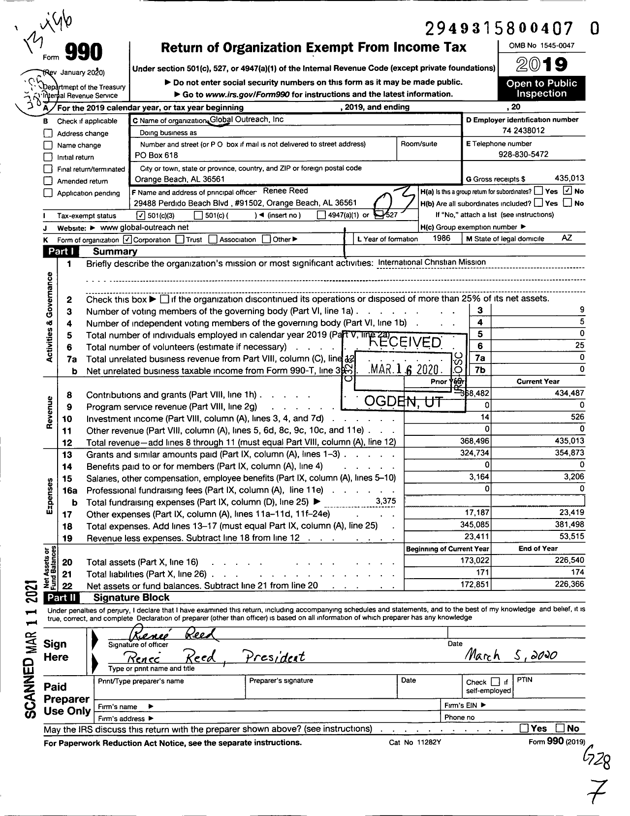 Image of first page of 2019 Form 990 for Global Outreach