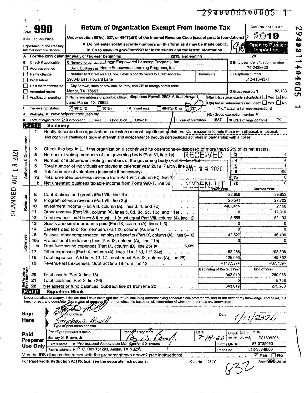 Image of first page of 2019 Form 990 for Horse Empowered Learning Programs