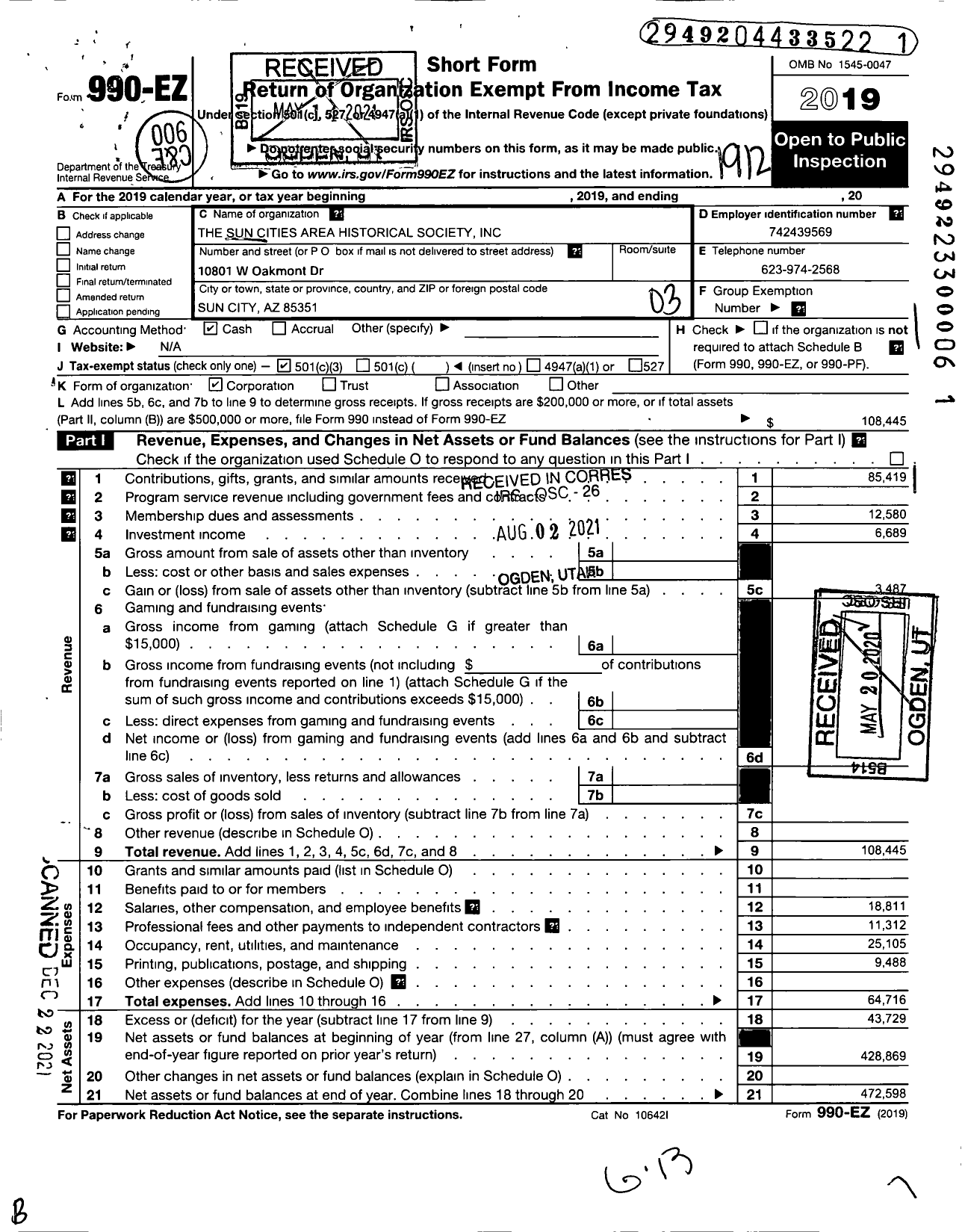 Image of first page of 2019 Form 990EZ for The Sun Cities Area Historical Society