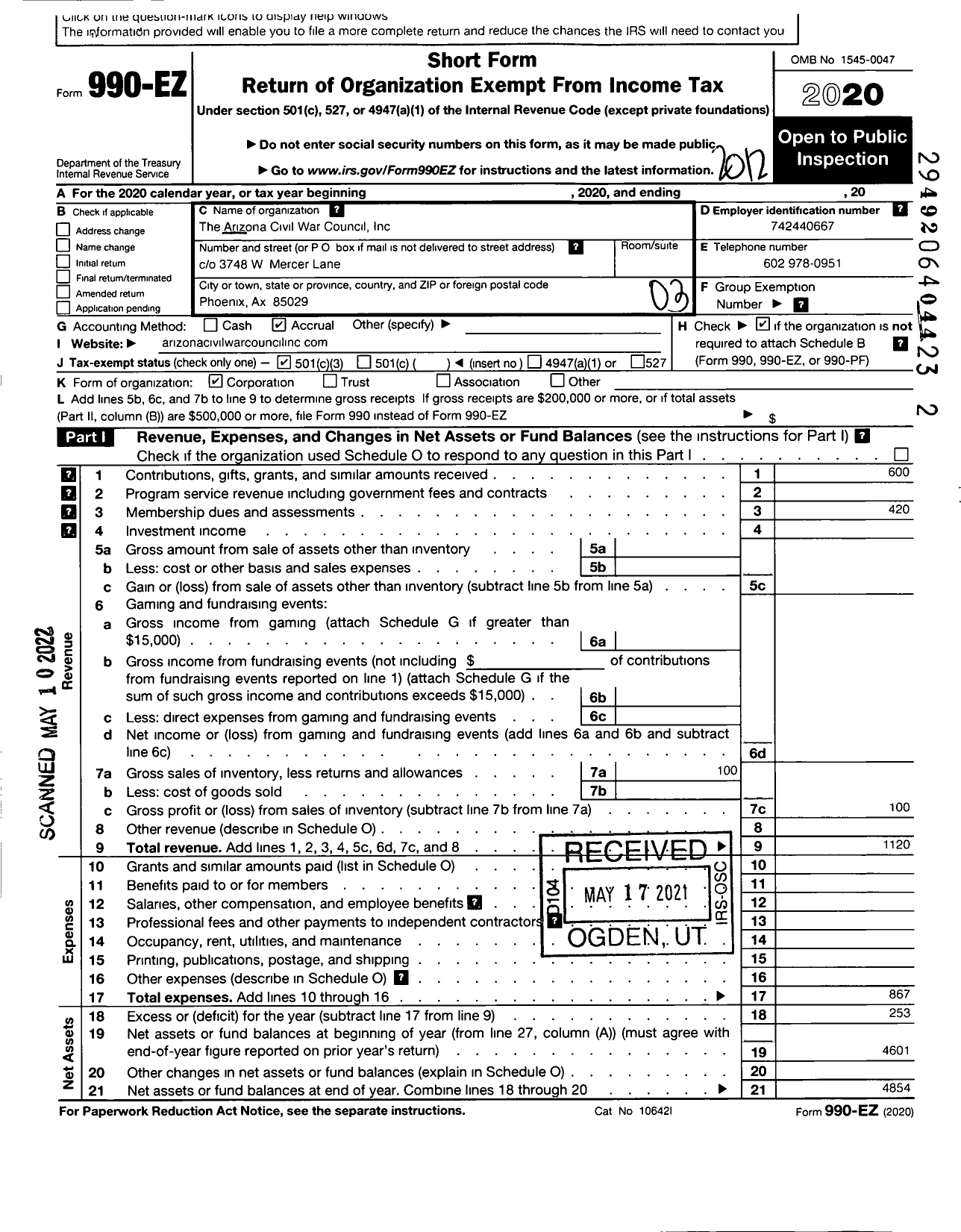 Image of first page of 2020 Form 990EZ for Arizona Civil War Council