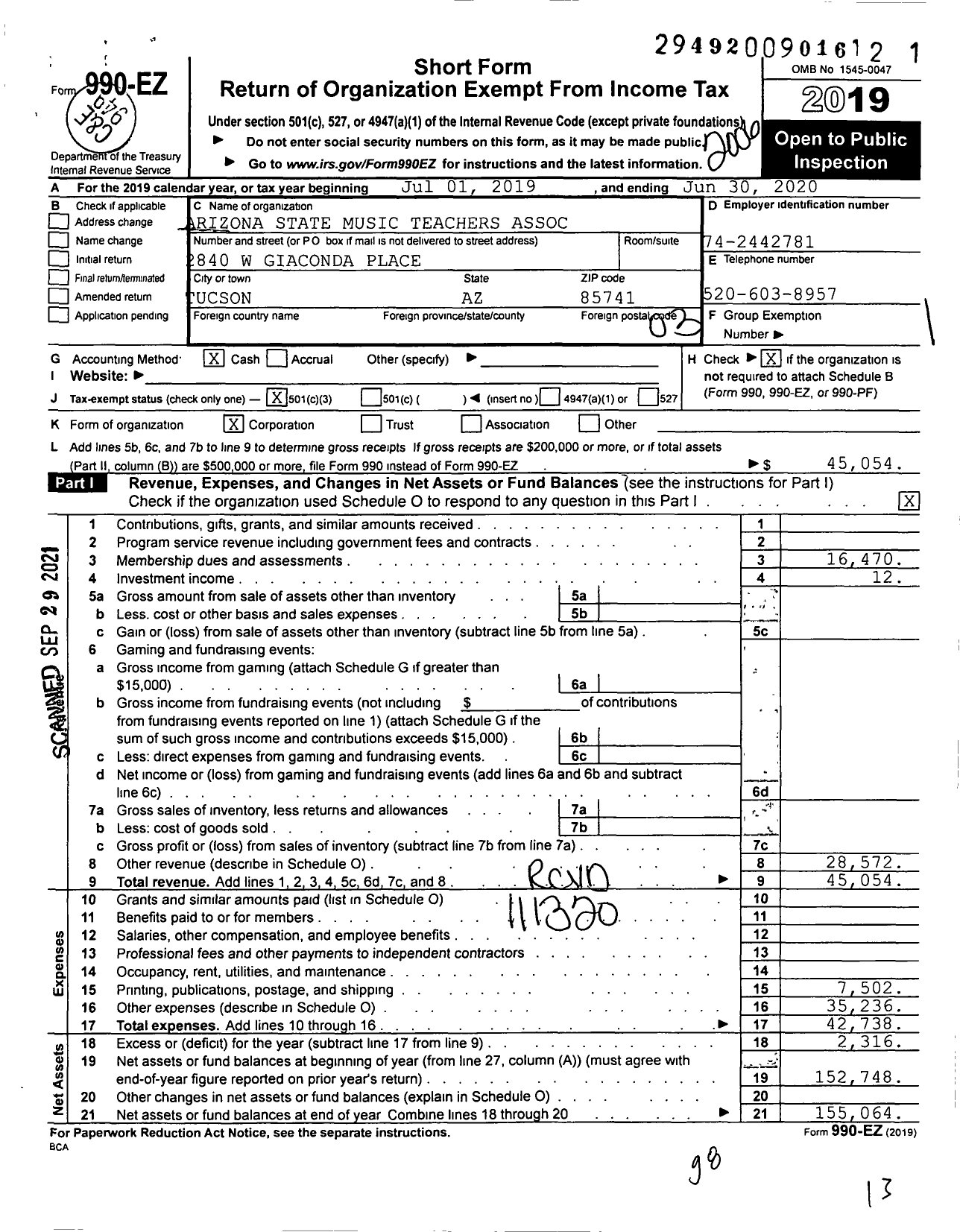 Image of first page of 2019 Form 990EZ for Arizona State Music Teachers Association