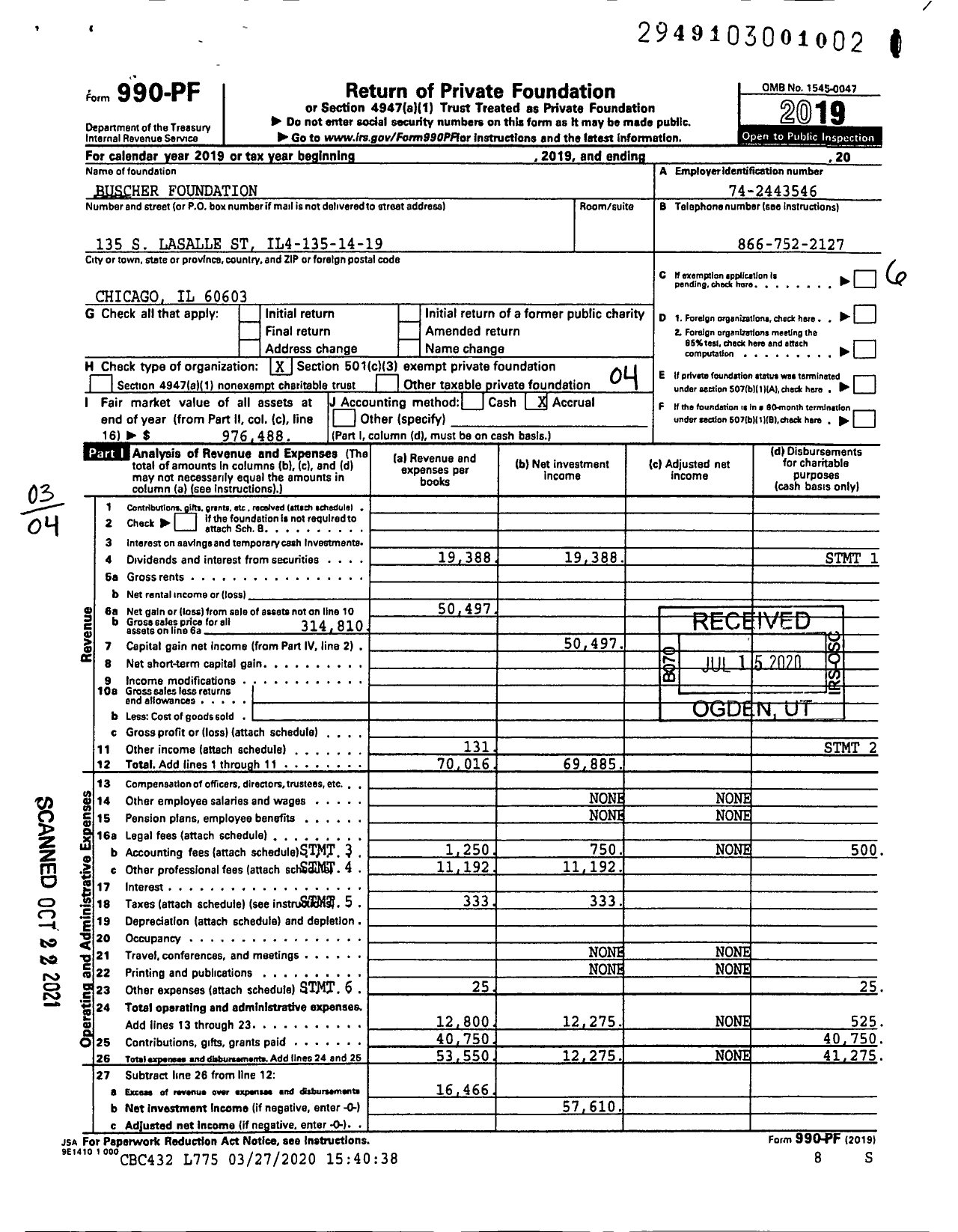 Image of first page of 2019 Form 990PF for Buscher Foundation