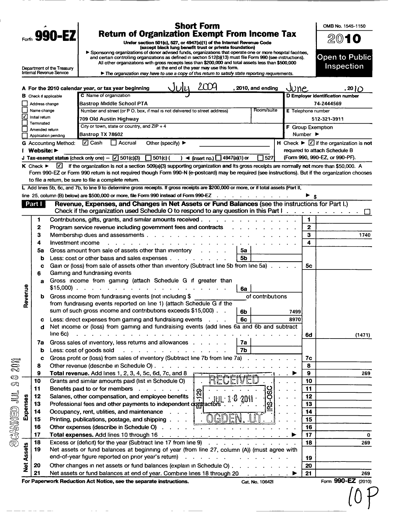 Image of first page of 2009 Form 990EZ for Texas PTA - 925 Bastrop Middle School