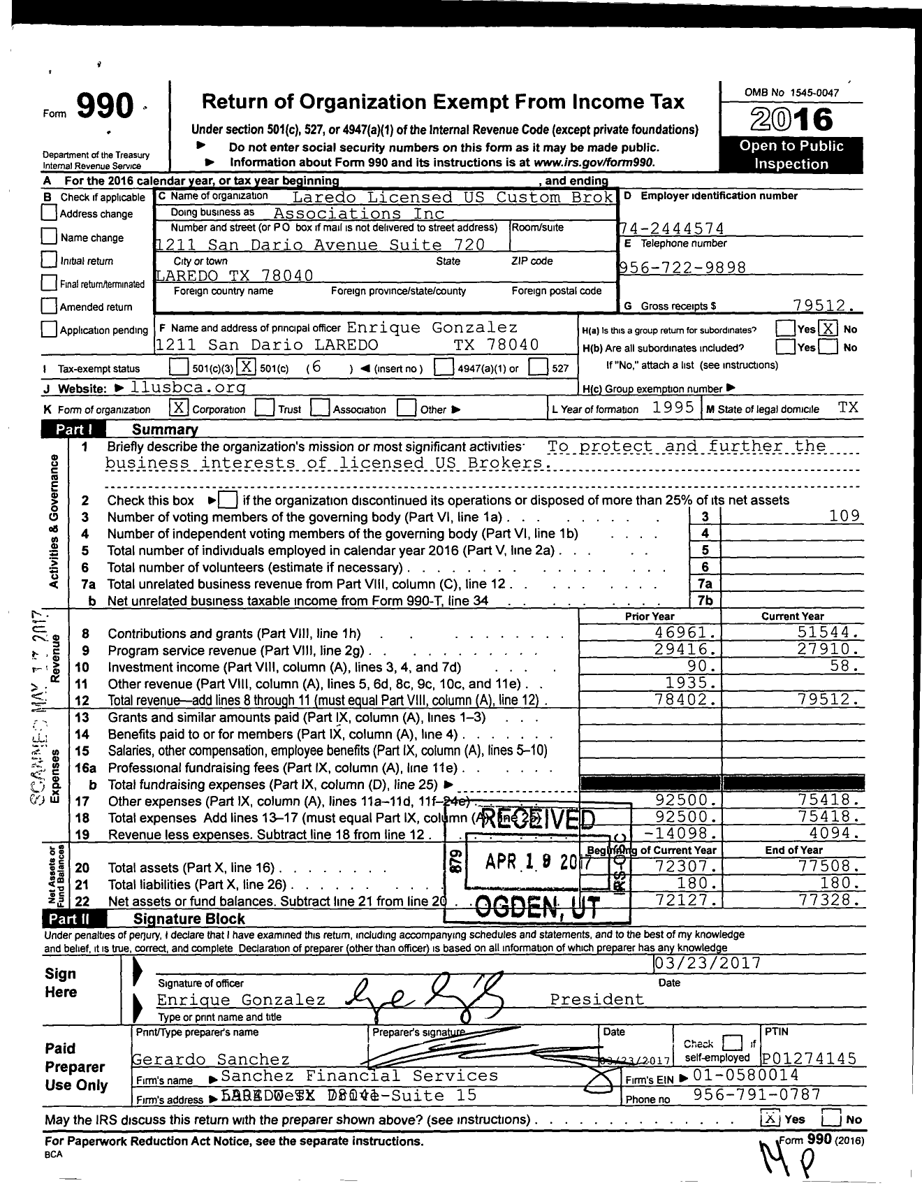 Image of first page of 2016 Form 990O for Laredo Licensed US Customs Brokers Associations