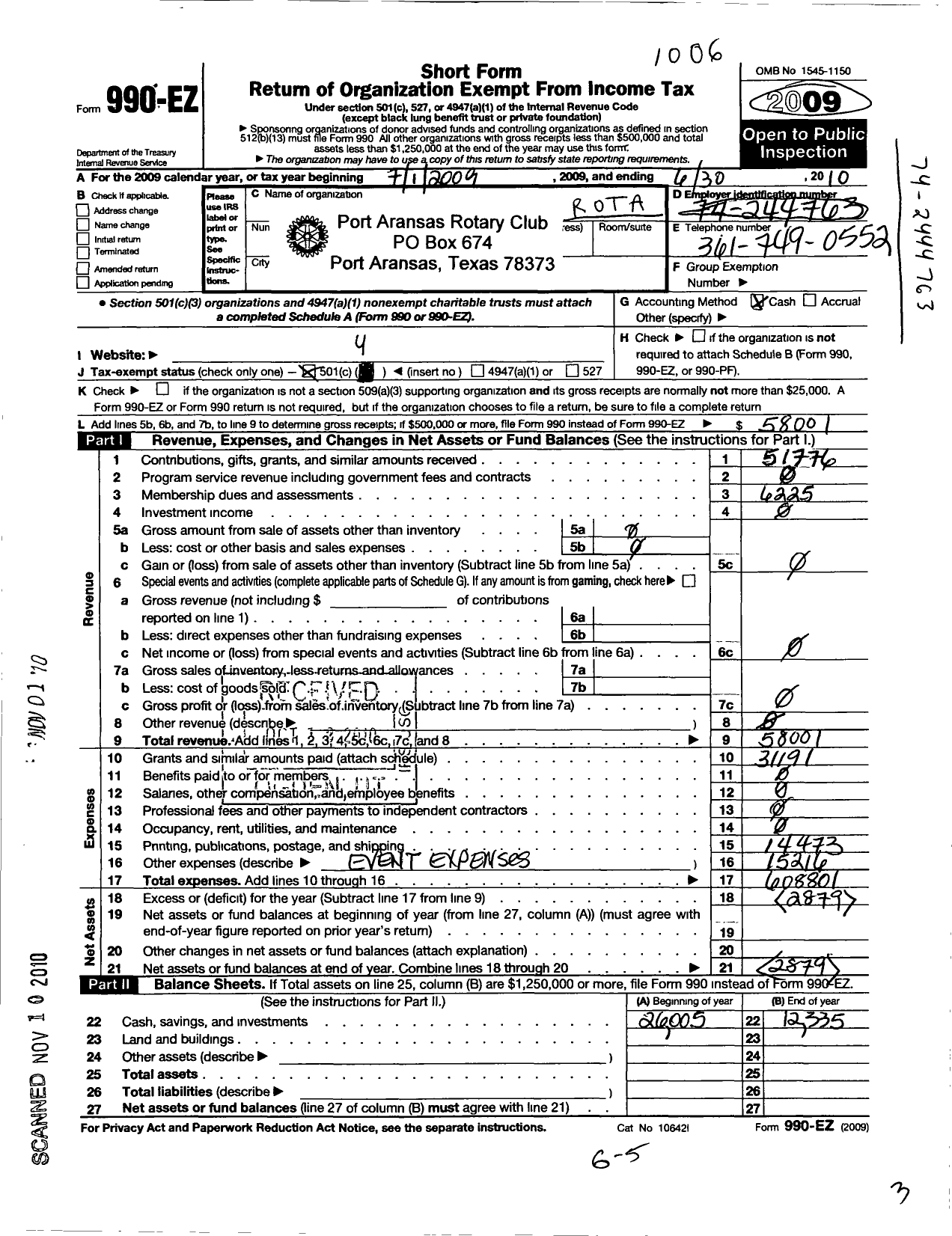 Image of first page of 2009 Form 990EO for Rotary International - Port Aransas Rotary Club