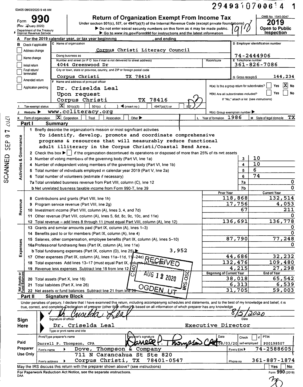 Image of first page of 2019 Form 990 for Corpus Christi Literacy Council