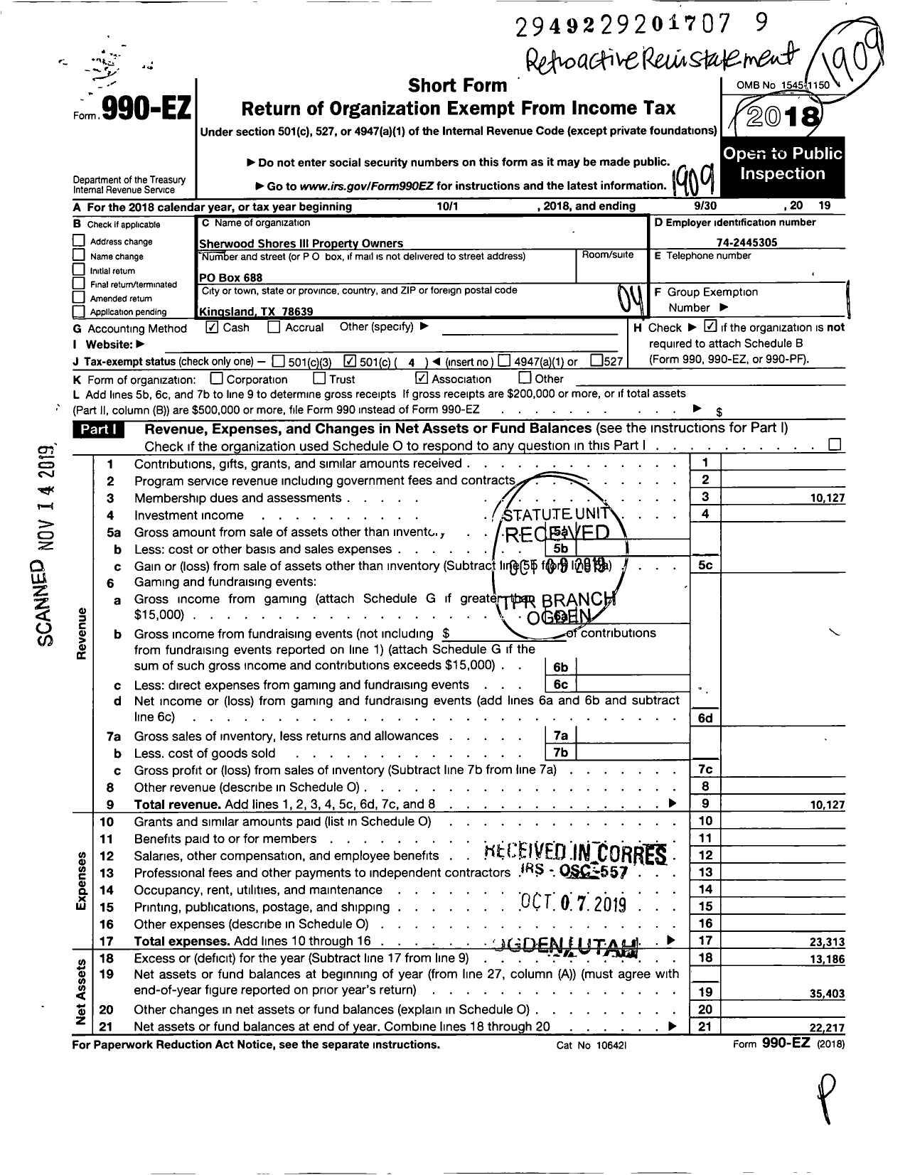 Image of first page of 2018 Form 990EO for Sherwood Shores Iii Property Owners Association