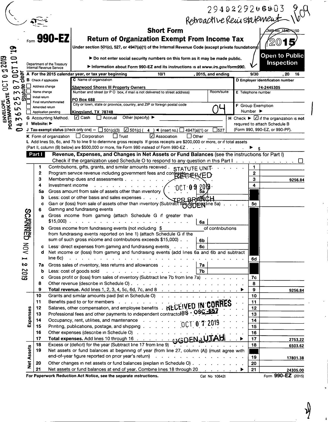 Image of first page of 2015 Form 990EO for Sherwood Shores Iii Property Owners Association