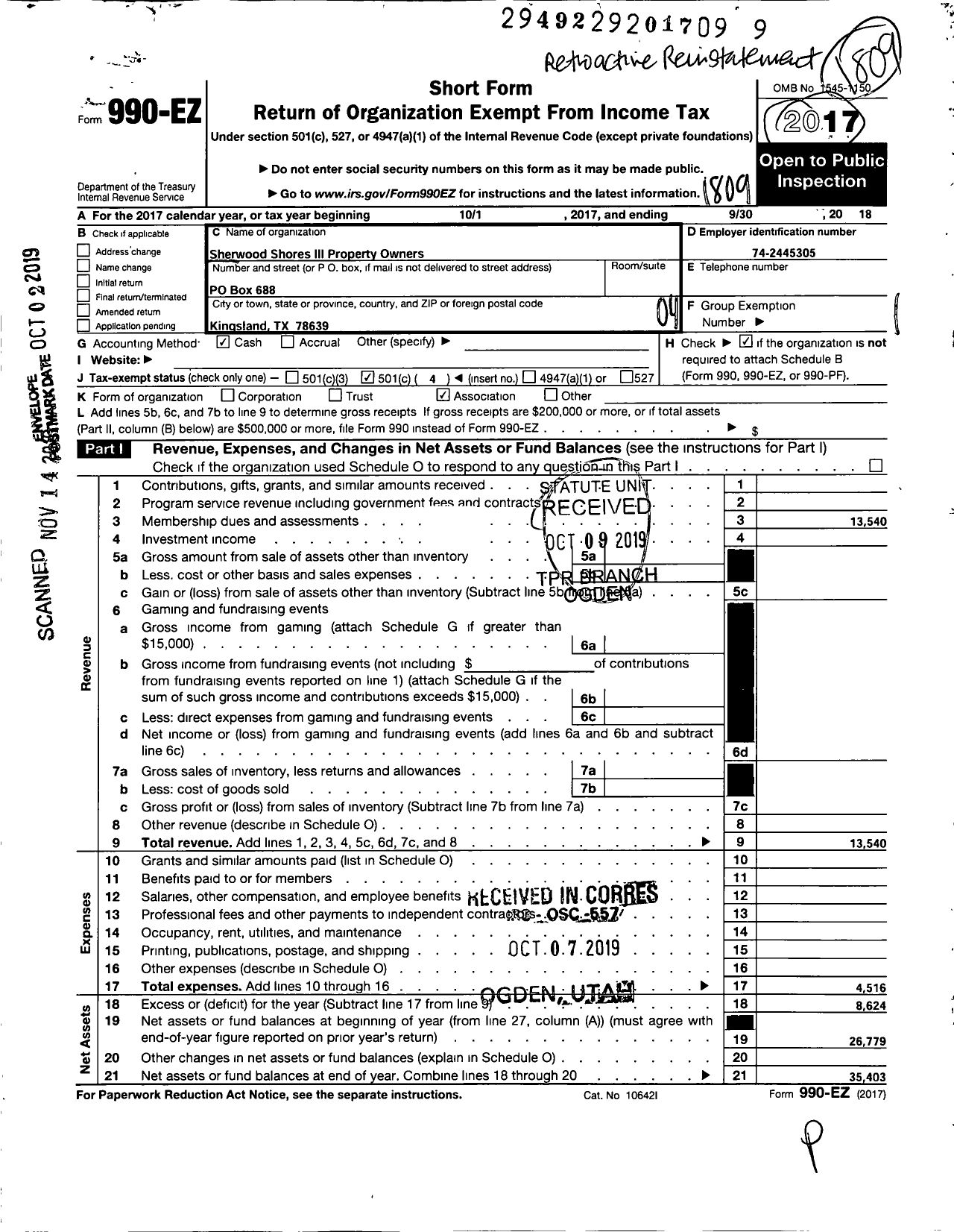 Image of first page of 2017 Form 990EO for Sherwood Shores Iii Property Owners Association