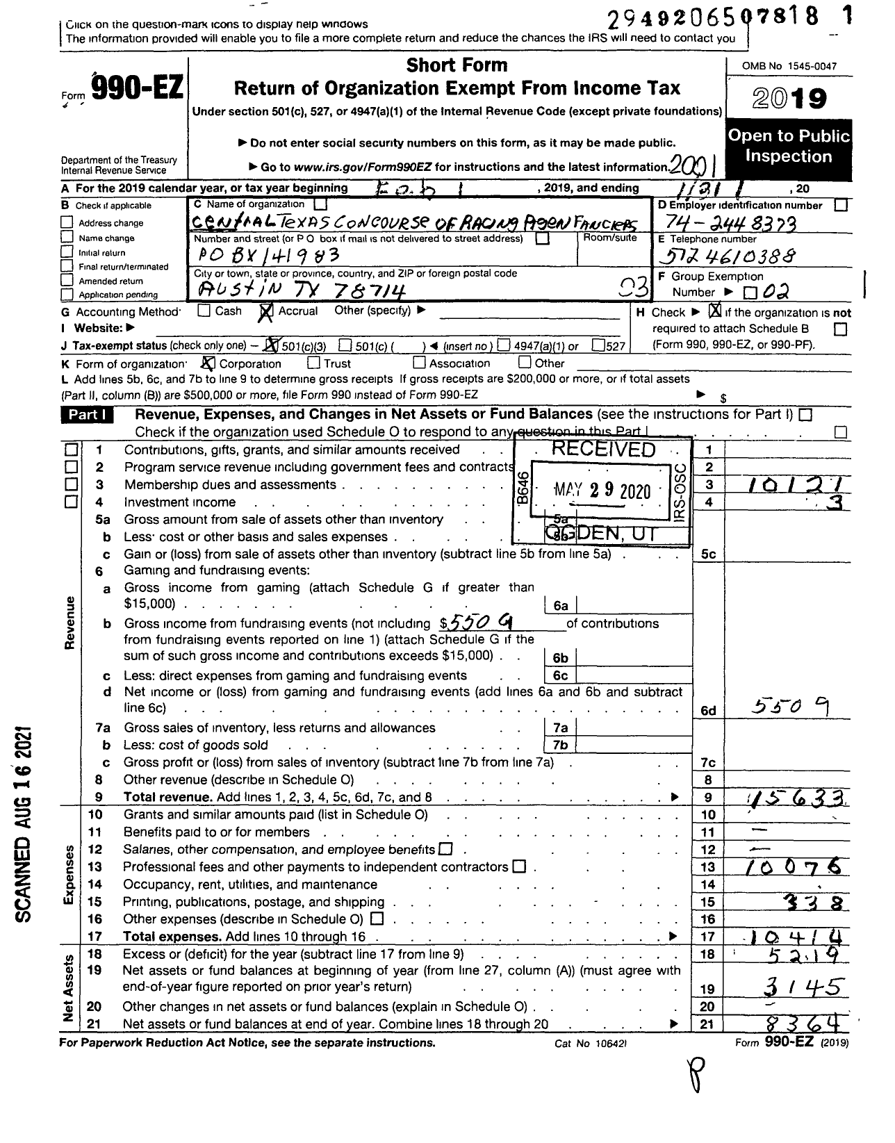 Image of first page of 2019 Form 990EZ for Central Texas Concourse