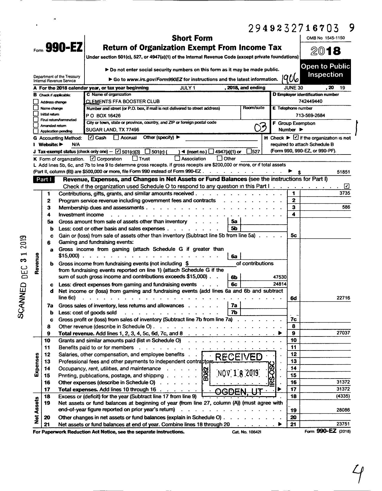 Image of first page of 2018 Form 990EZ for Clements Future Farmers of America Booster Club