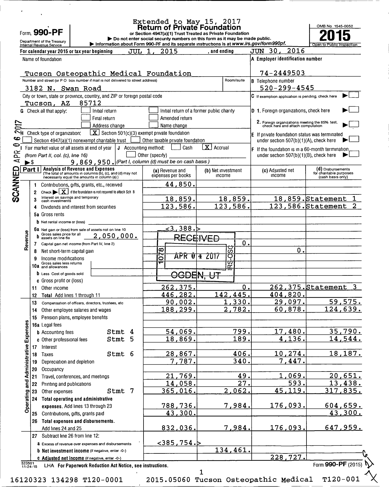 Image of first page of 2015 Form 990PF for Tucson Osteopathic Medical Foundation